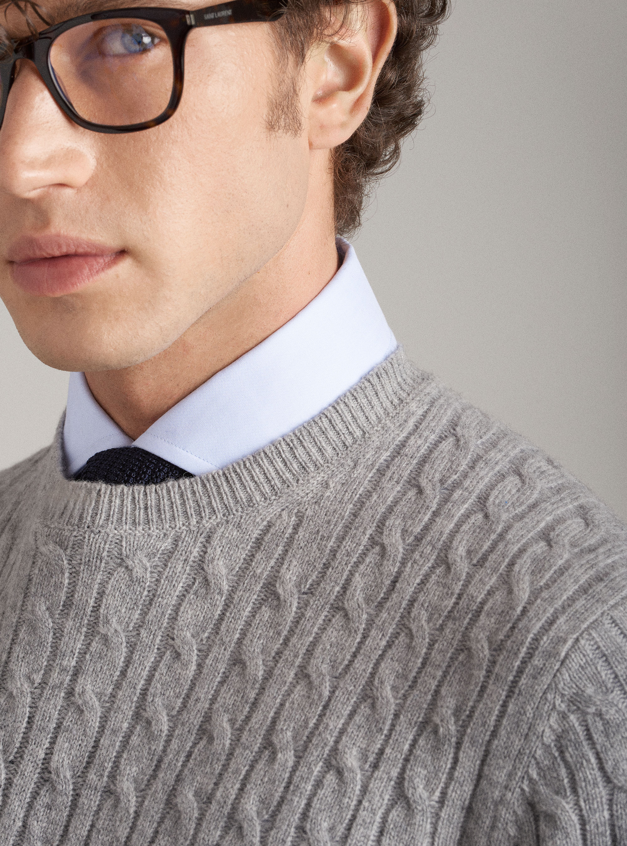 Crew-neck wool lambswool and cashmere sweater with braids, LIGHT GREY MELANGE