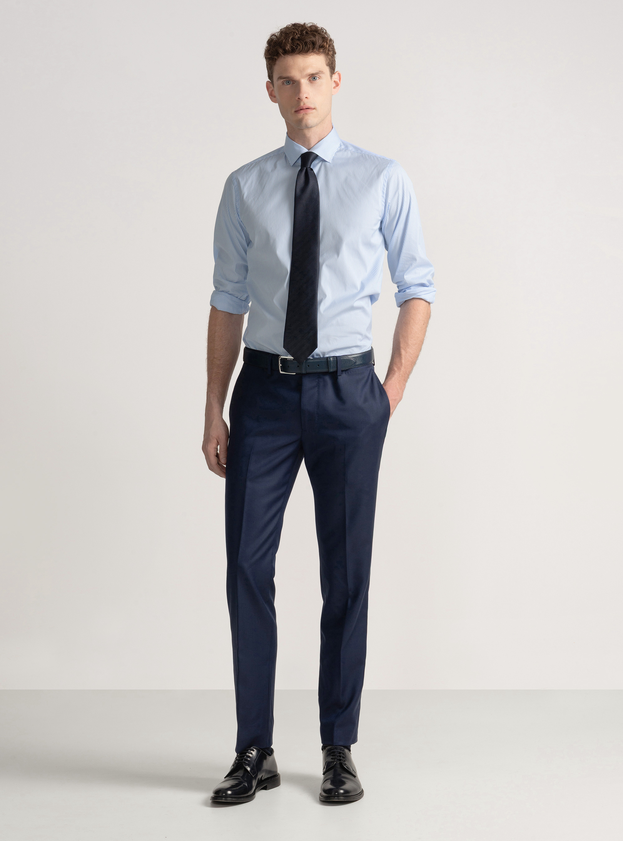 Camicia in cotone rigato popeline stretch, AZZURRO