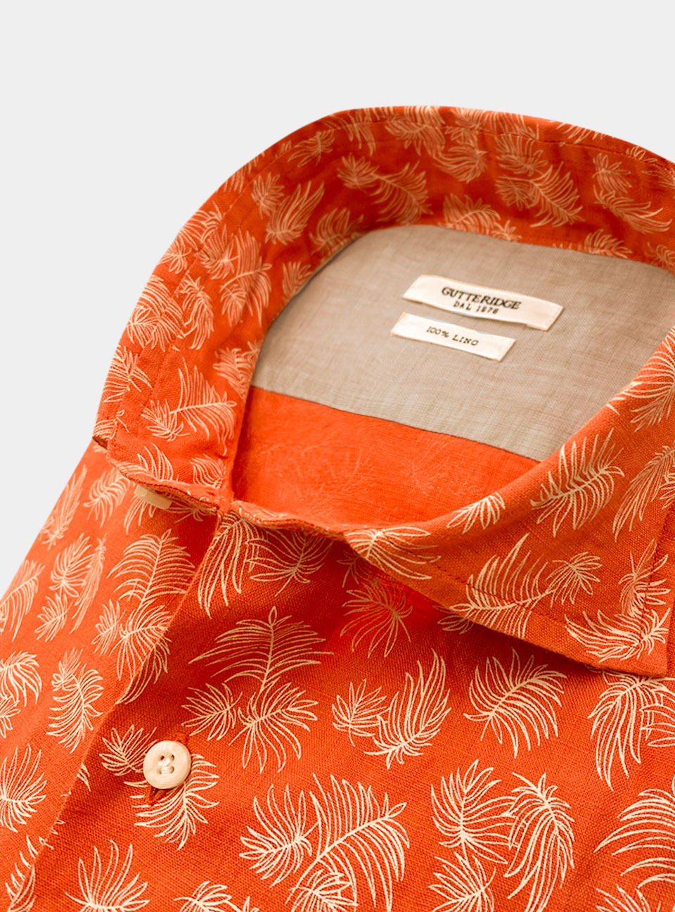 Printed linen french collar shirt, ORANGE FLAME