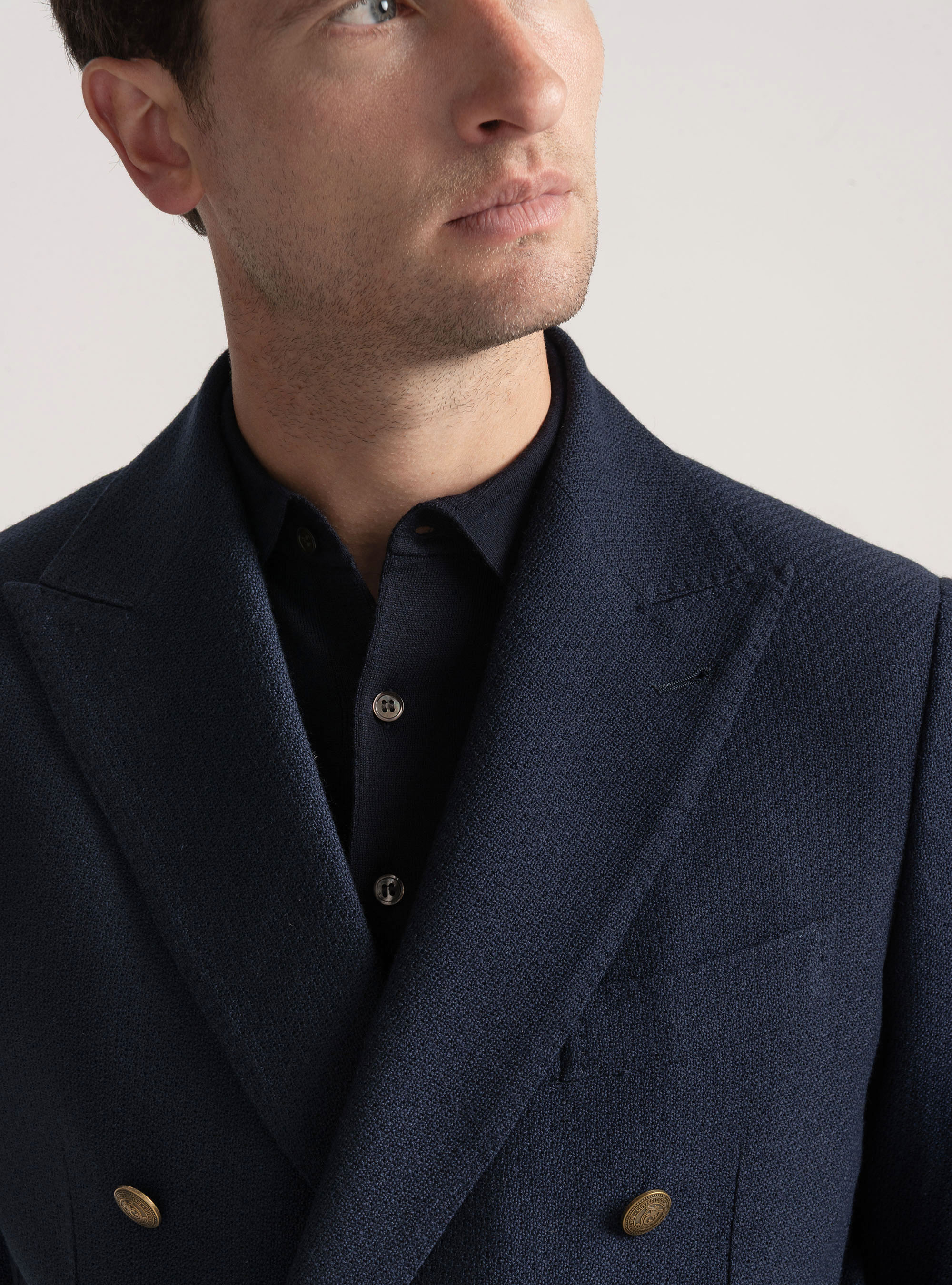 Giacca doppiopetto  giro inglese in lana e cotone, BLU NAVY