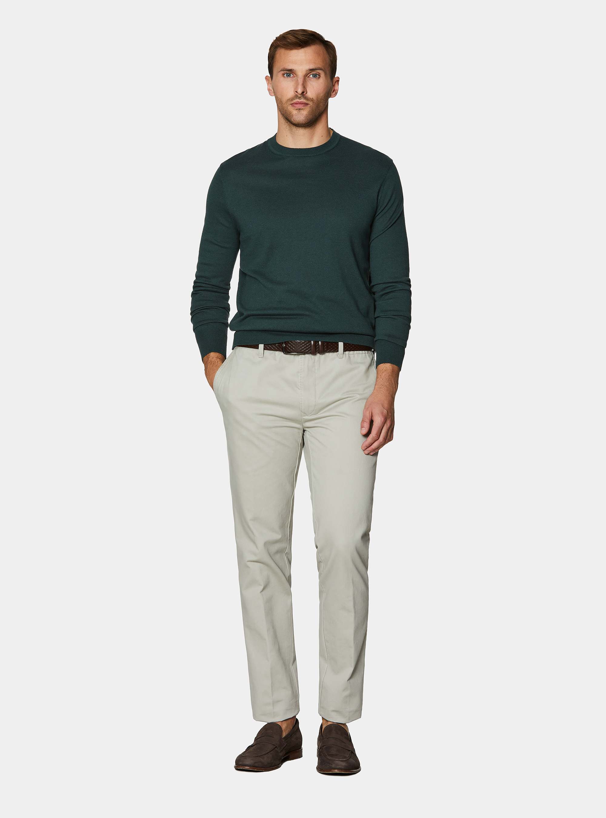 Maglia girocollo in cotone seta e cashmere, VERDE MUSCHIO 0615C