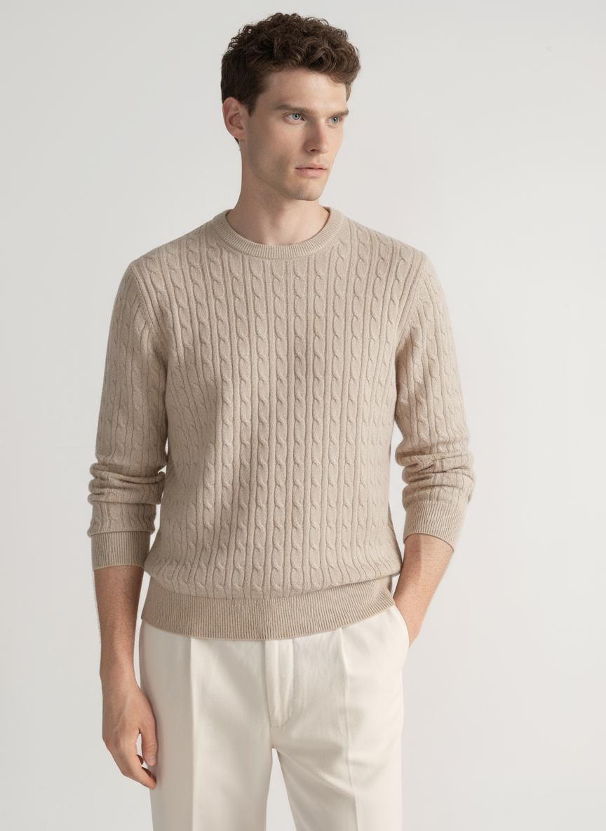 Braided crew neck sweater in pure cashmere, ECRU
