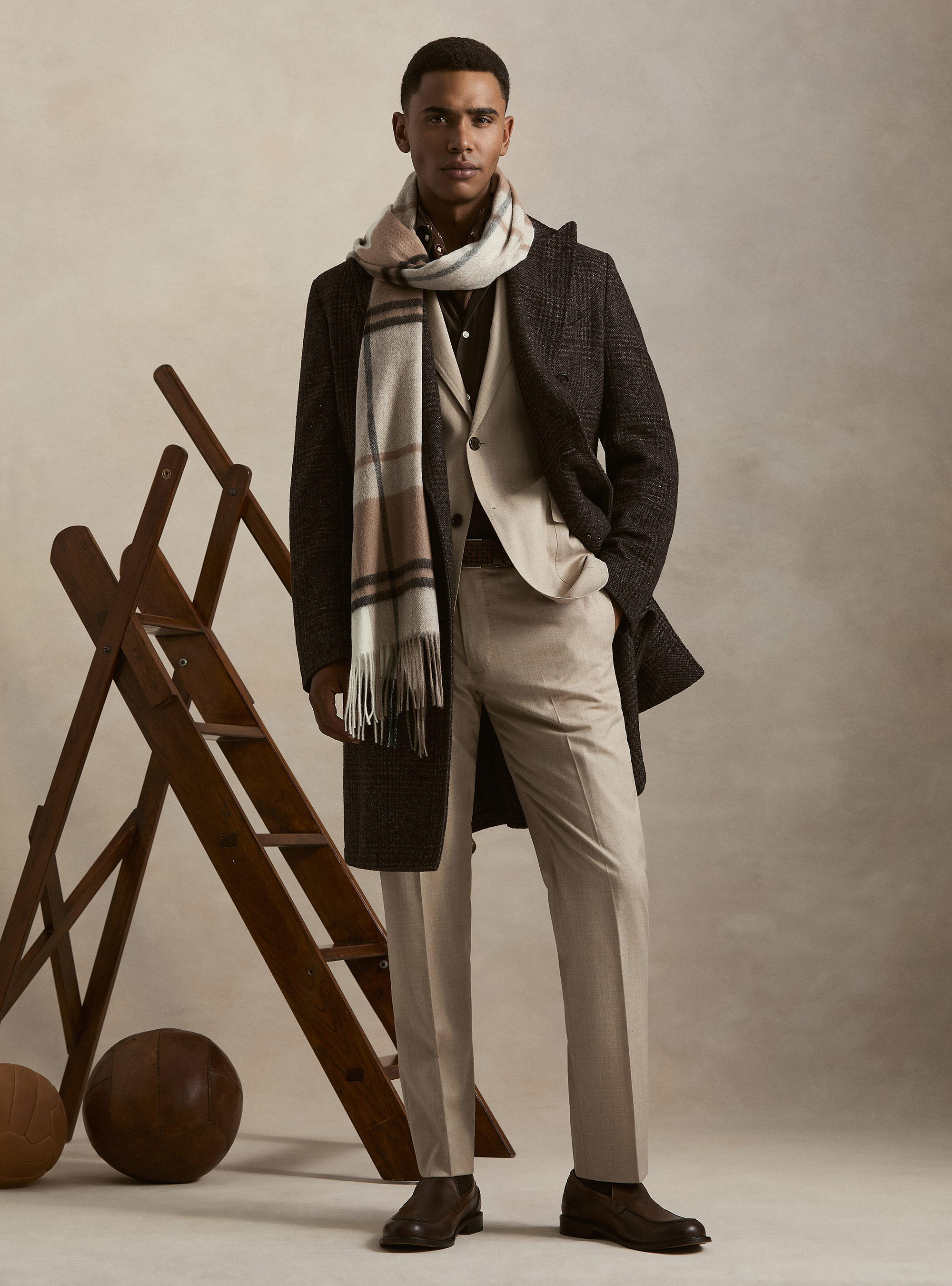 Cappotto doppiopetto fantasia in misto cashmere, MARRONE