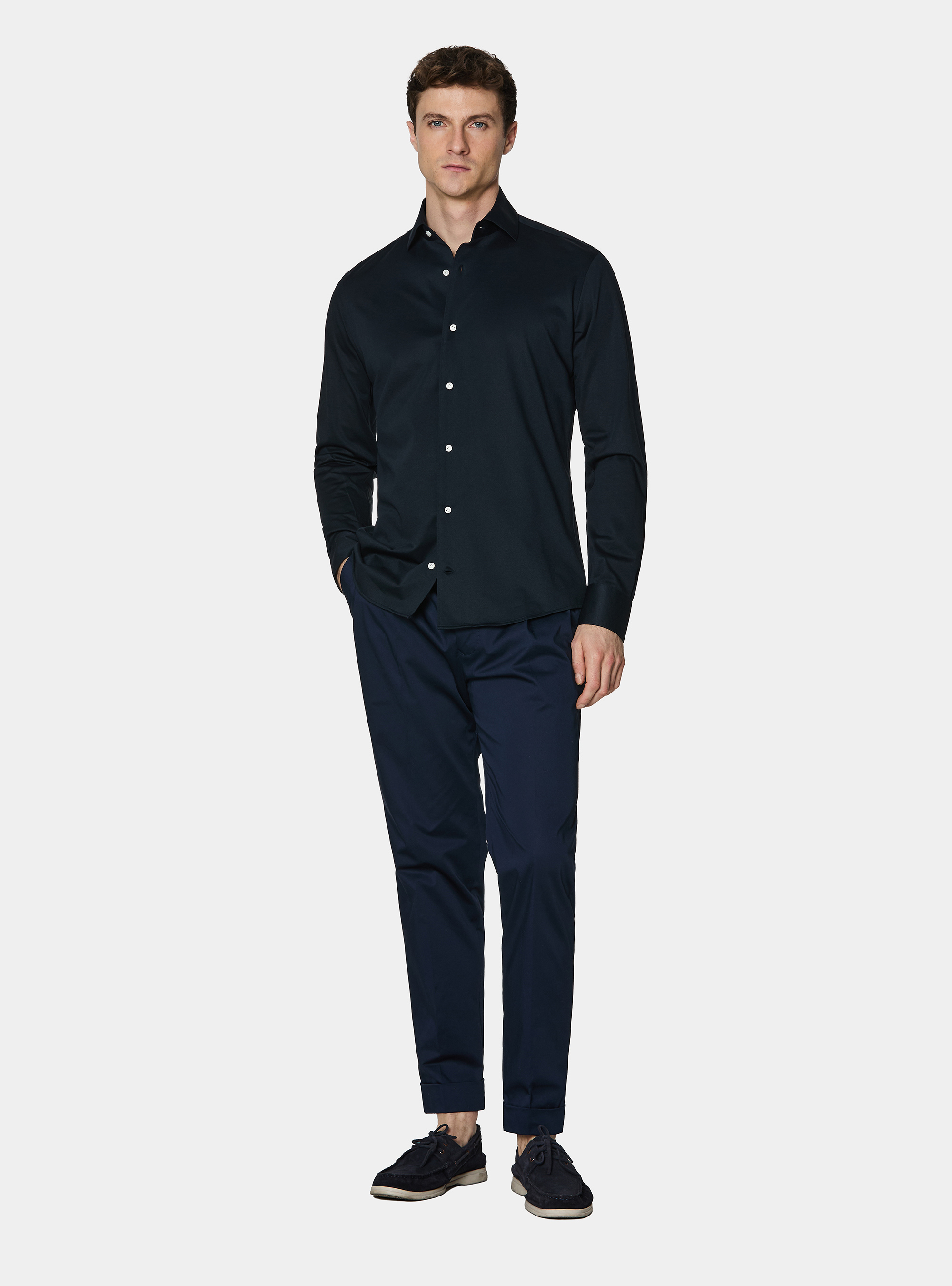 Camicia in jersey misto cotone paramontura, BLU NAVY