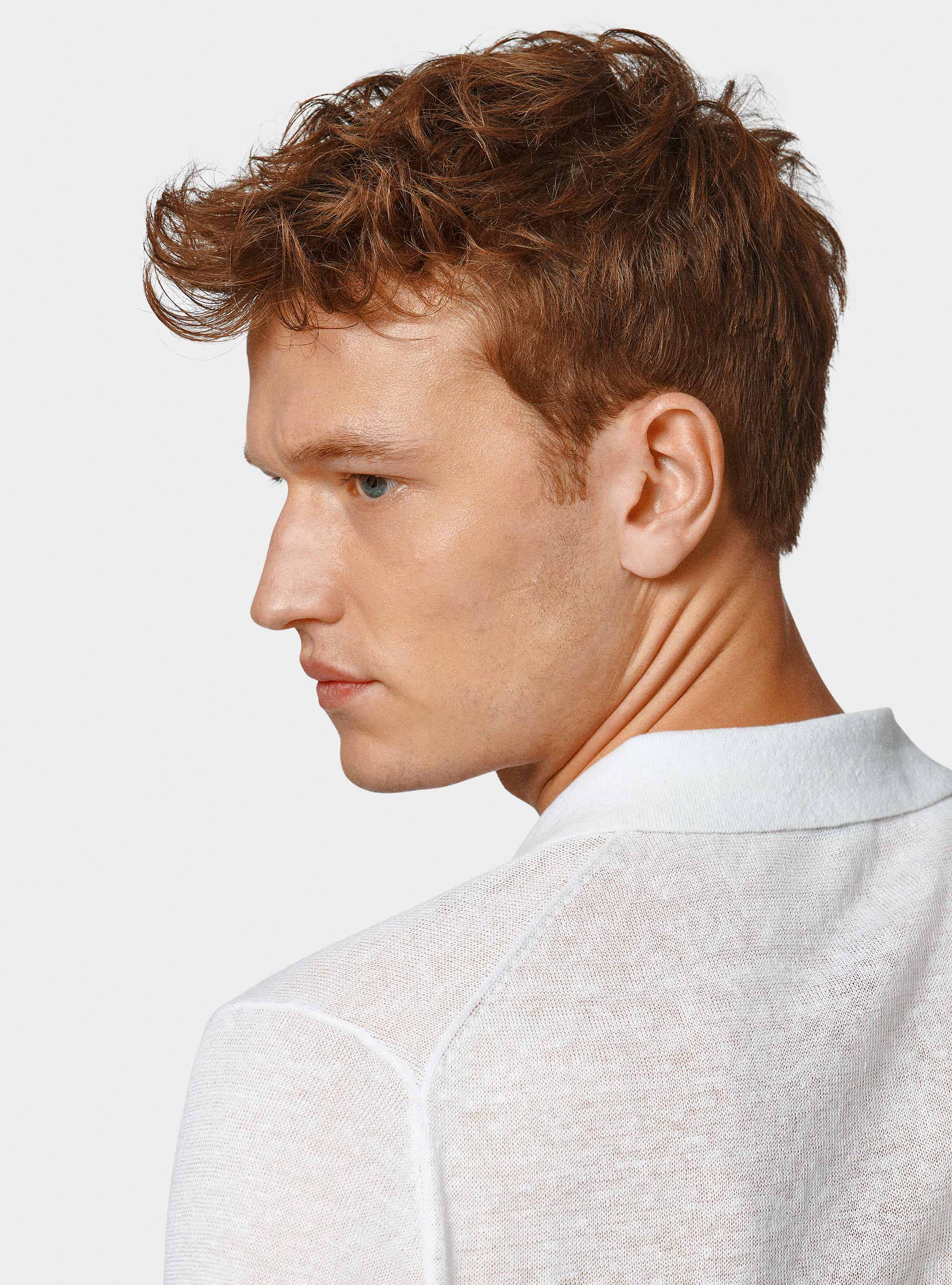 Polo in maglia senza bottoni in puro lino, BIANCO