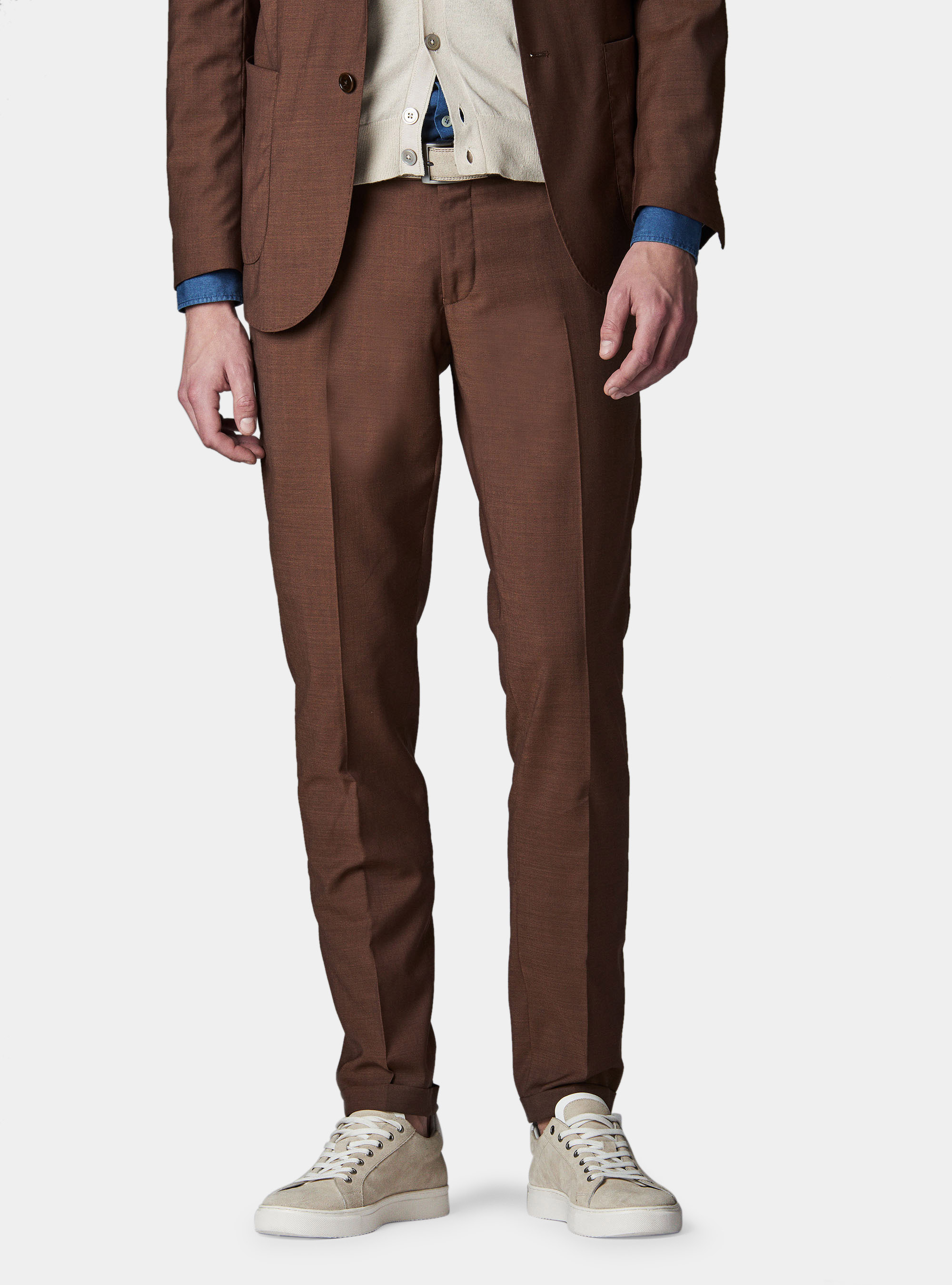 Pantaloni per abito in lana micro texture super 100, TABACCO