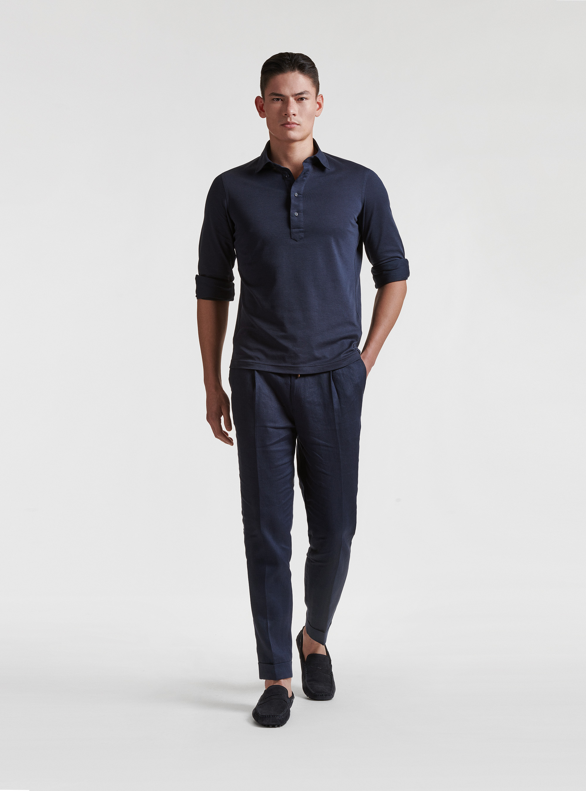 Polo camicia in cotone piquet, BLU NAVY