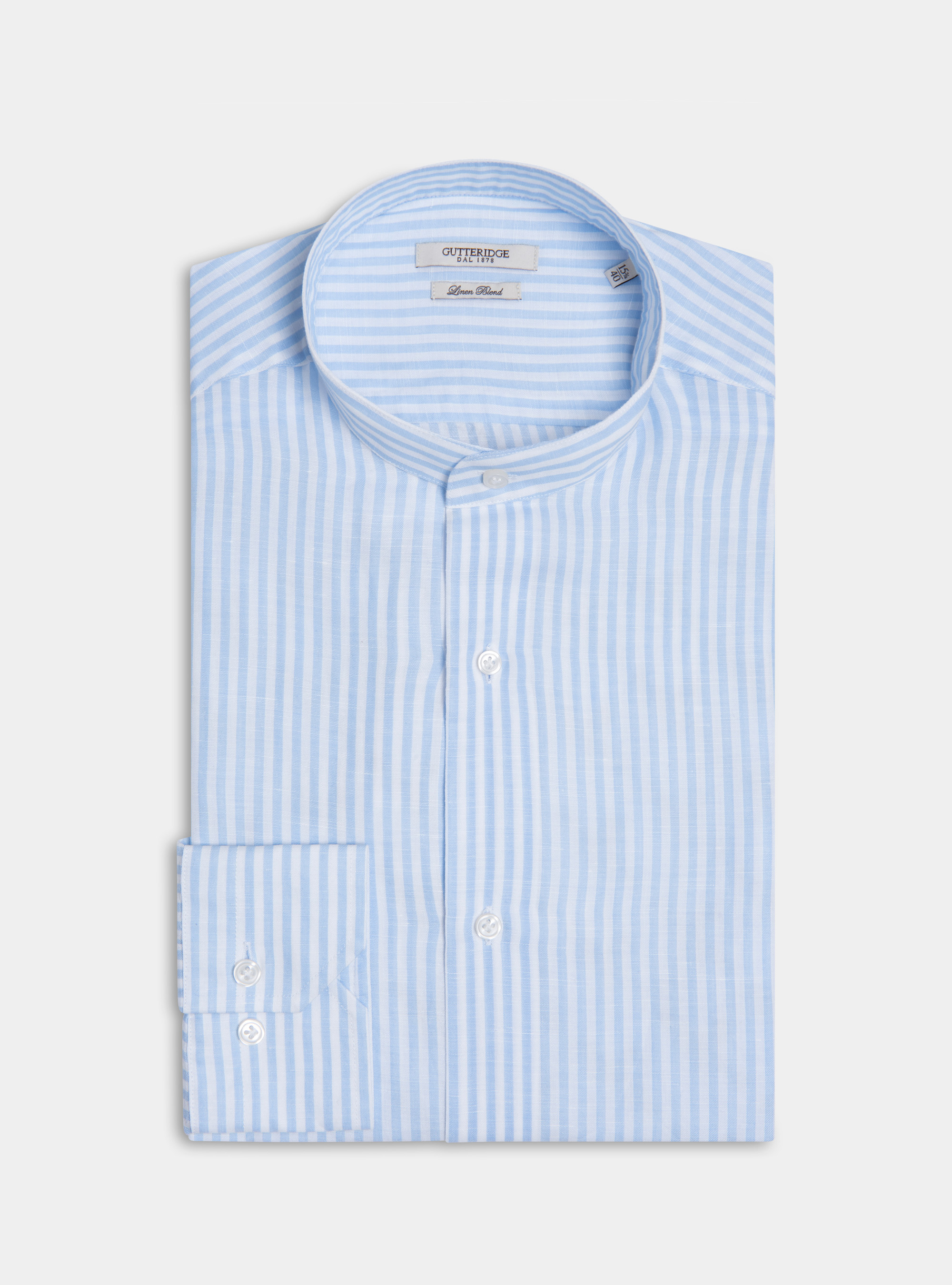 Camicia coreana in misto lino rigato, AZZURRO