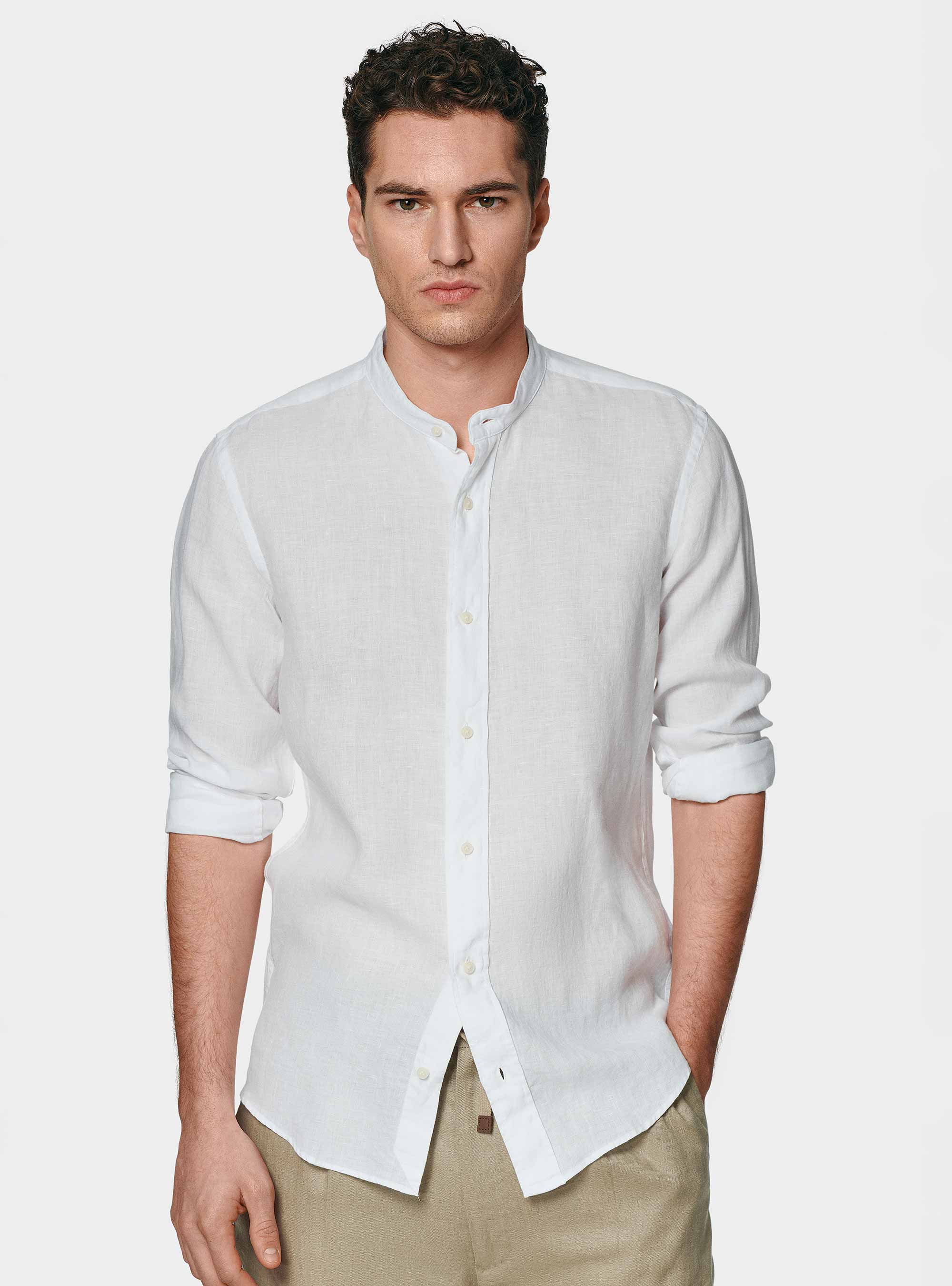 Camisa coreana blanca de lino puro, BLANCO