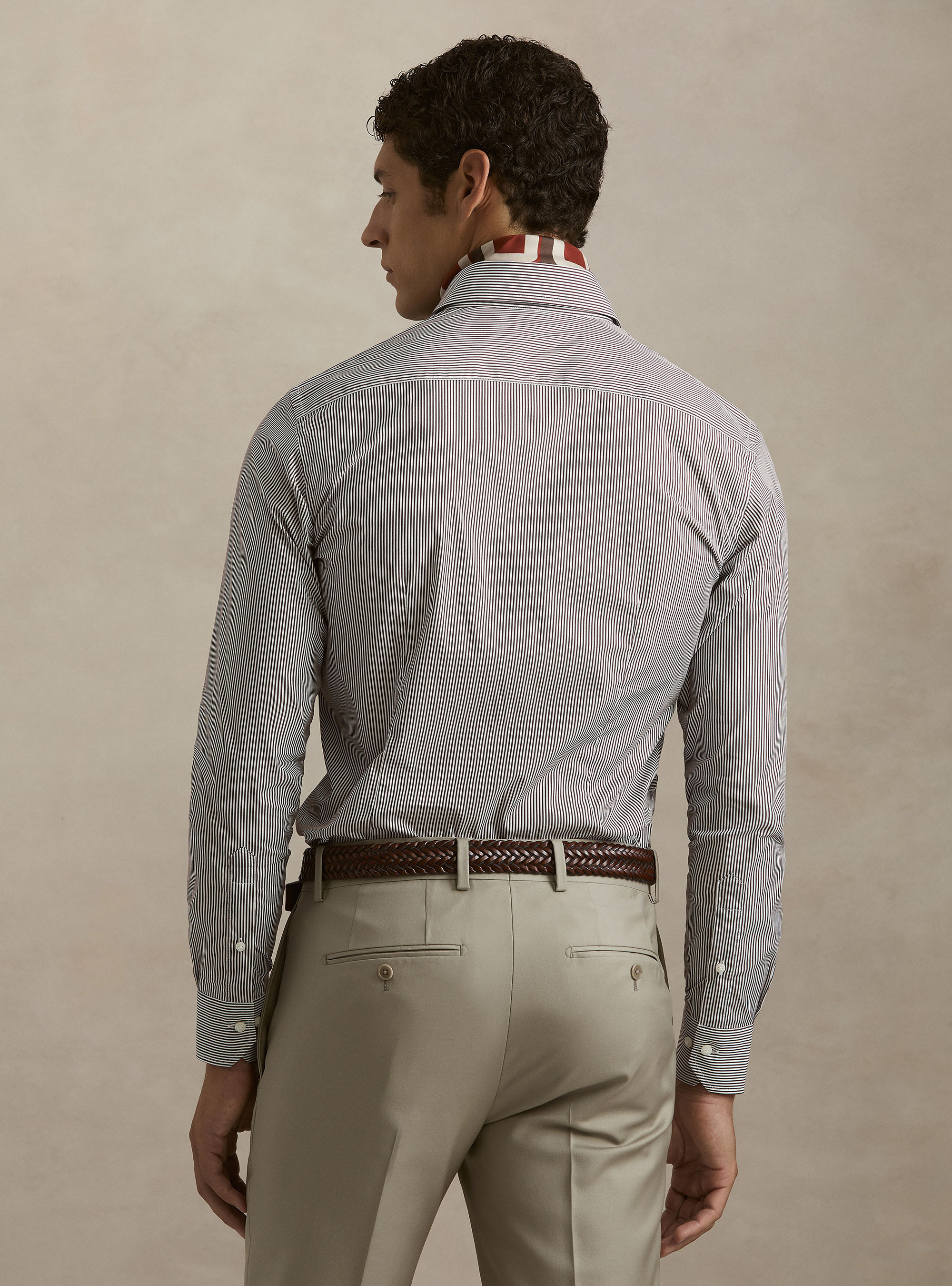 Striped cotton poplin stretch shirt, BROWN