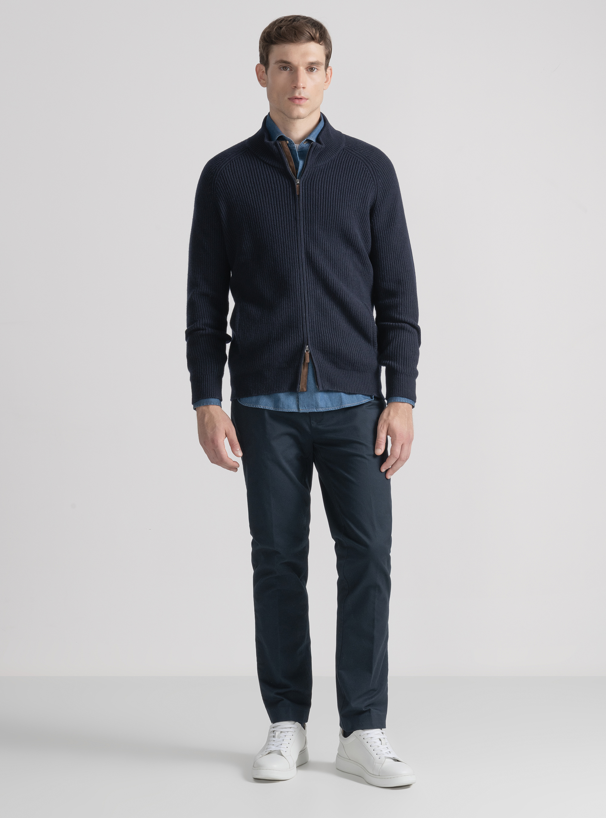 Cardigan con zip in maglia raglan in lana merino, BLU NAVY