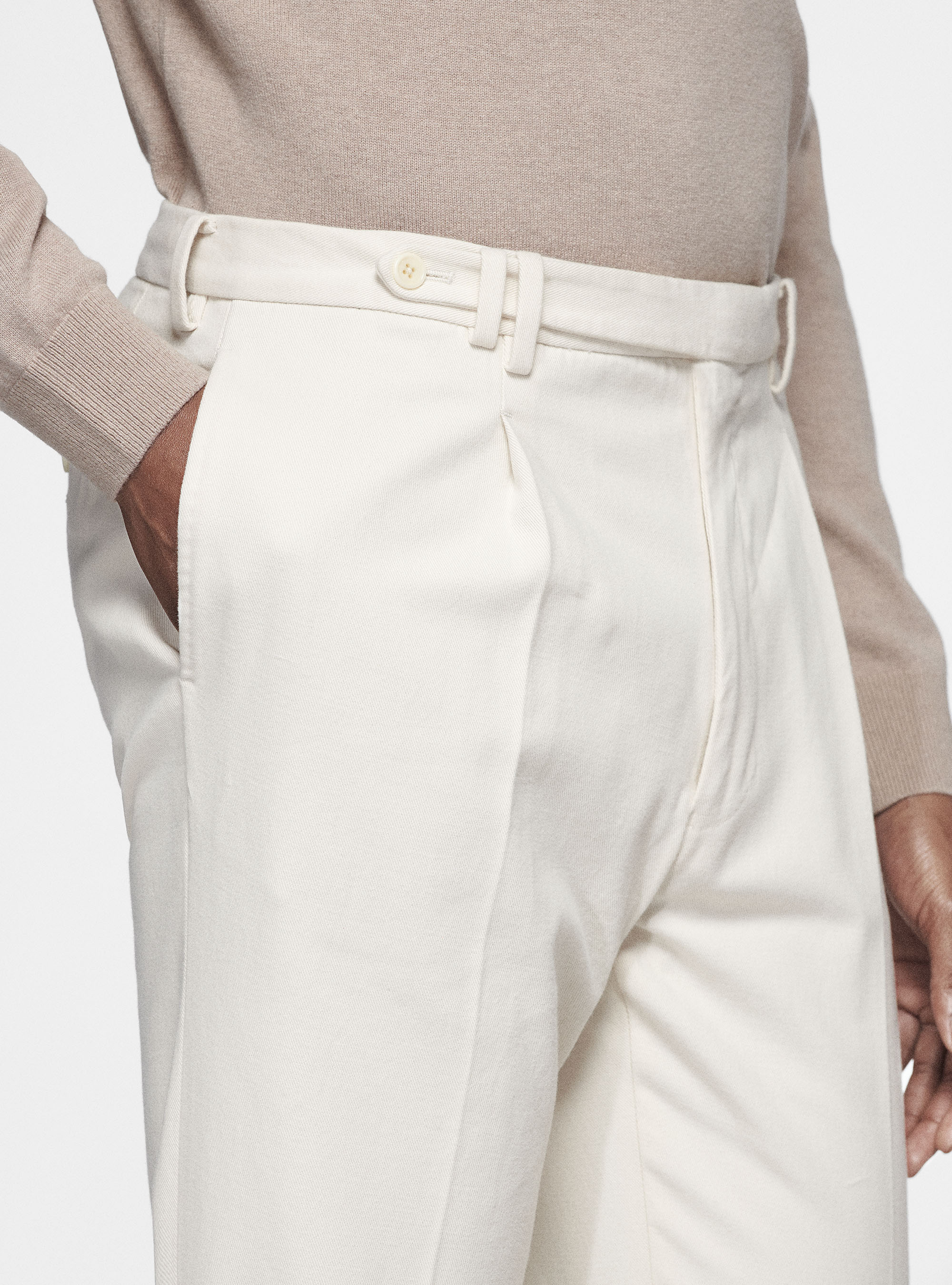 Cotton and cashmere twill pleat trousers, OFF-WHITE