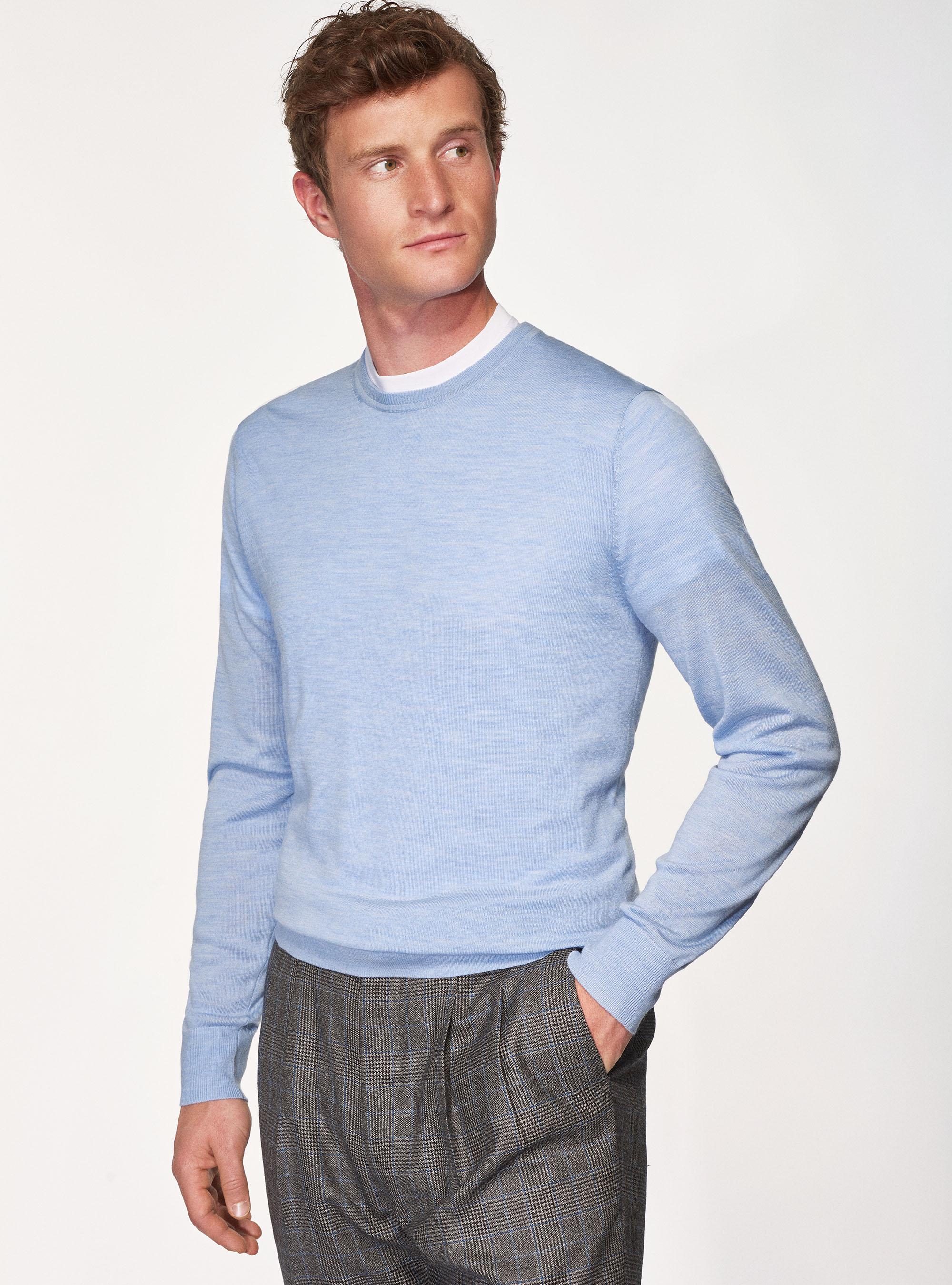 Maglia girocollo in pura lana merino extrafine, AZZURRO