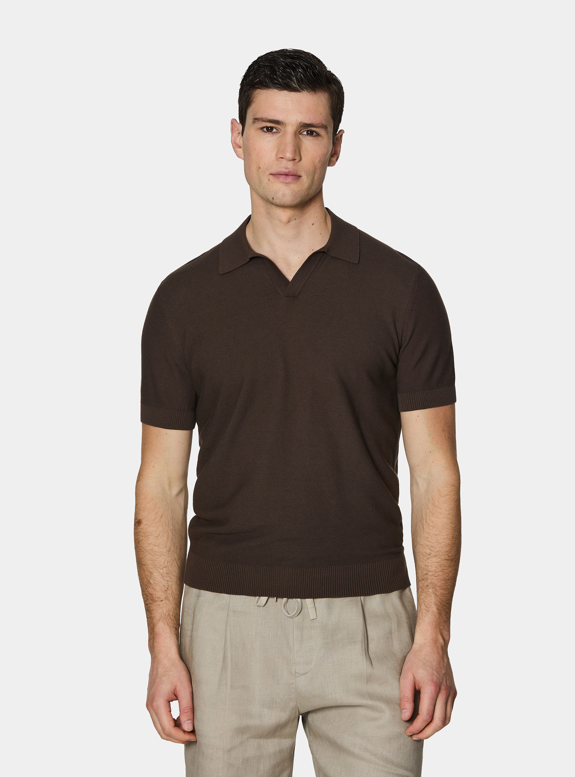 Knitted links polo shirt in extra-fine cotton, BROWN