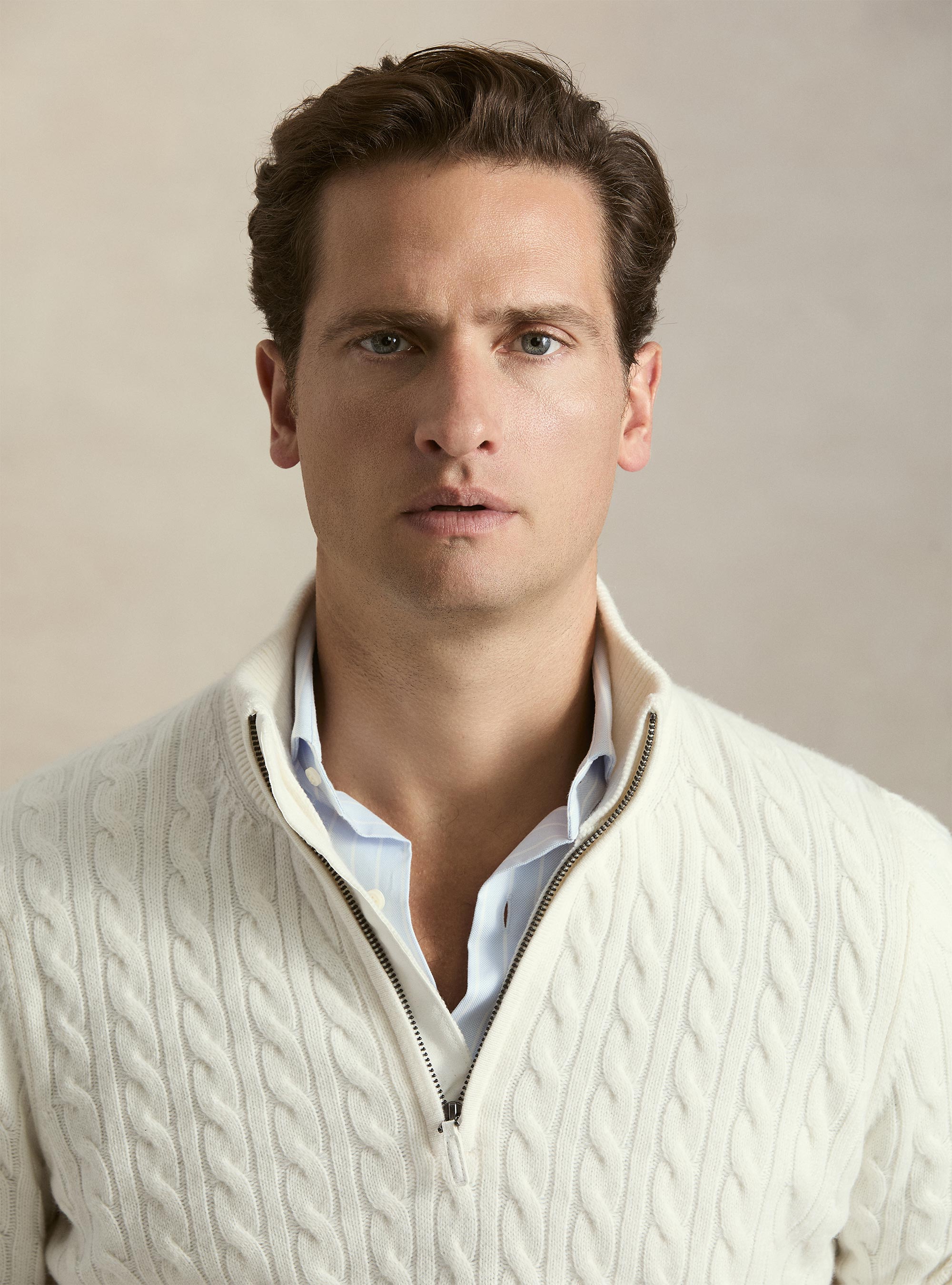Cable-knit wool and cashmere mock neck sweater, WHITE
