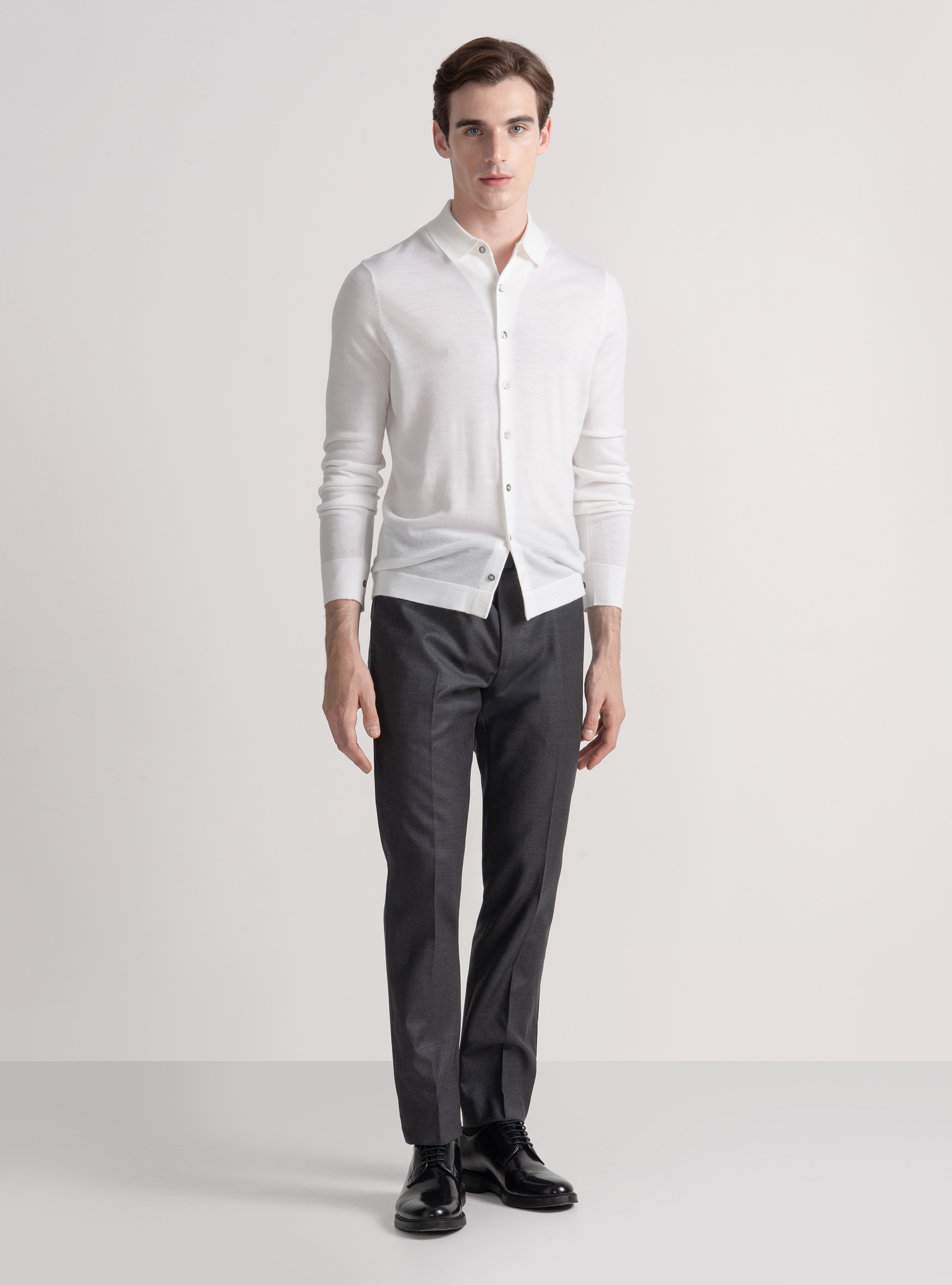 Polo camicia in maglia lana merino extrafine, BIANCO