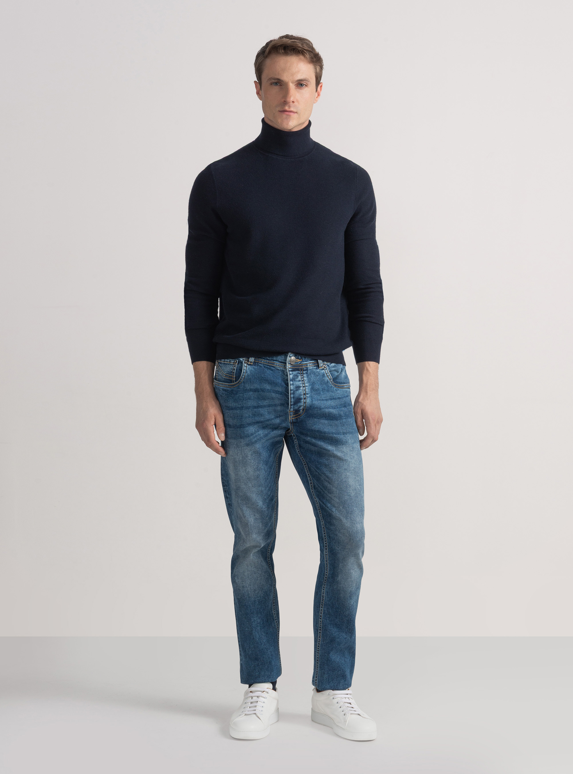 Cotton cashmere honeycomb turtleneck, NAVY BLUE