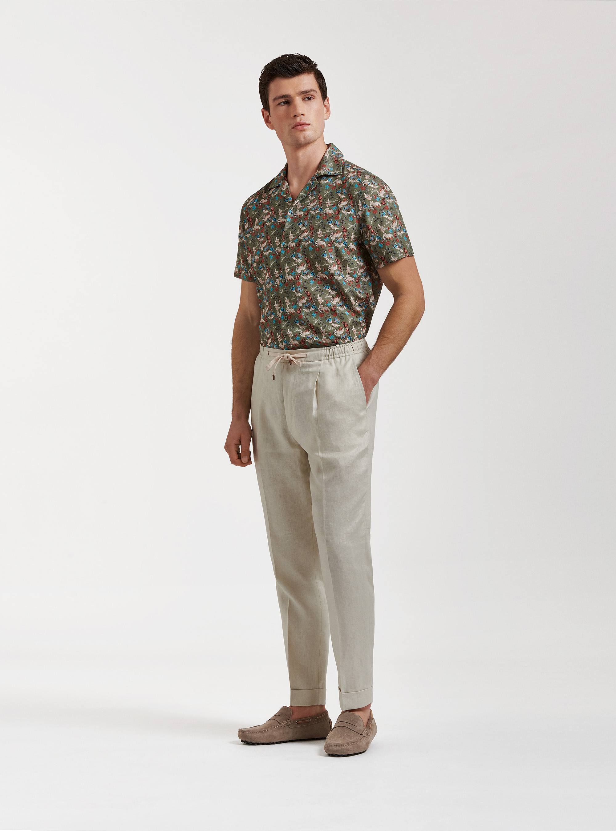 Pure linen pleat and drawstring trousers, ECRU