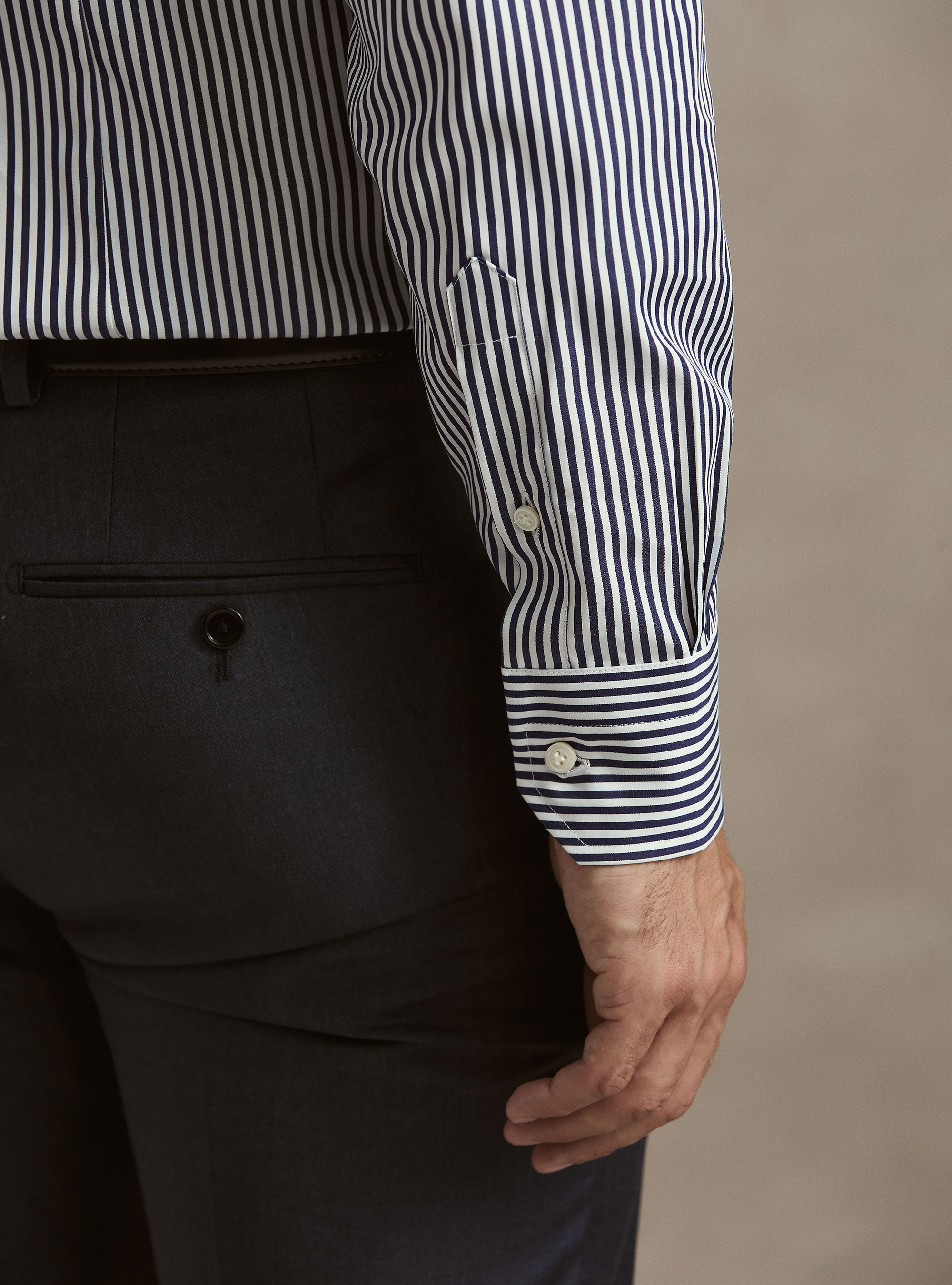 Camicia rigata cotone popeline collo semifrancese, AZUL MARINO