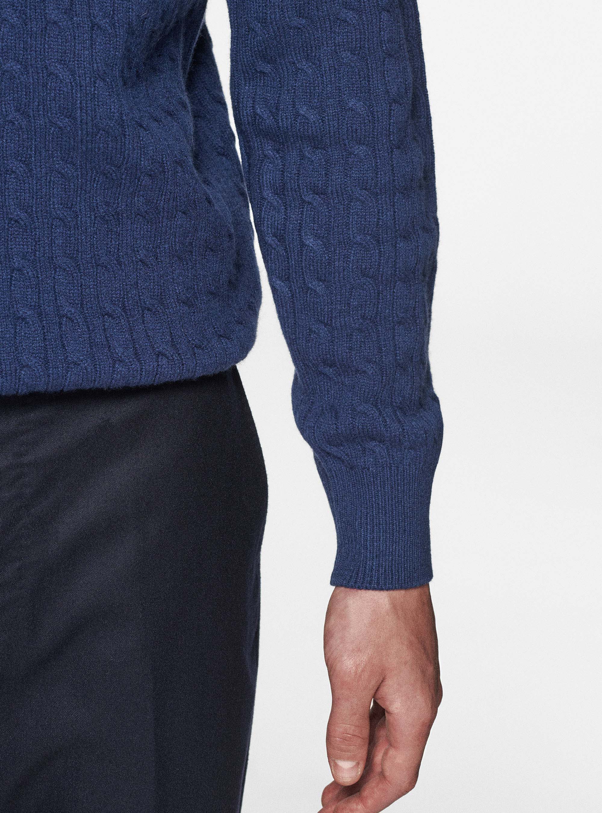 Maglia collo alto in lana cashmere con treccia, INCHIOSTRO