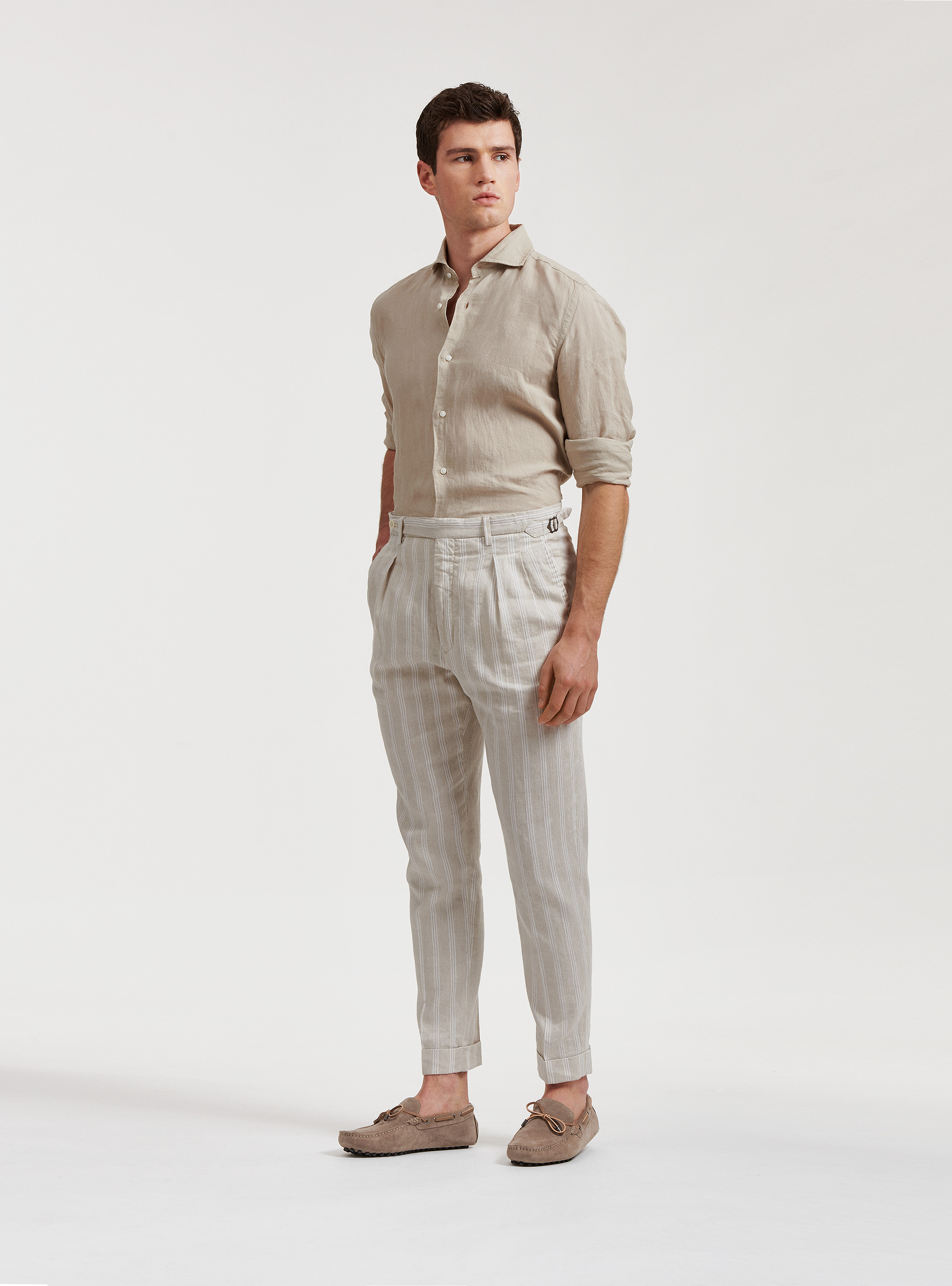 Linen and cotton double pleat trousers with strap, ECRU