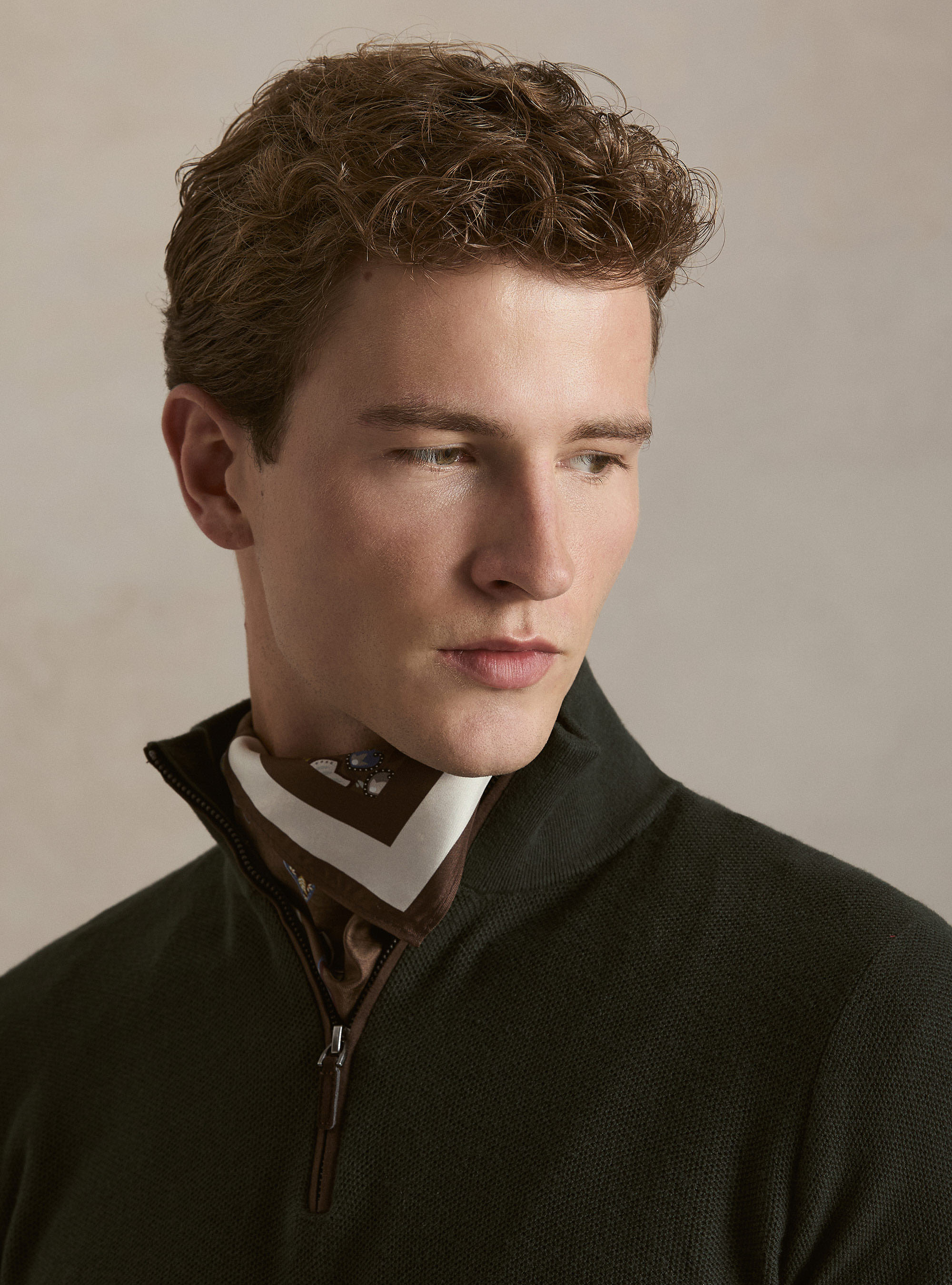 Maglia con mezza zip nido d'ape in cotone cashmere, MILITARE 0609C