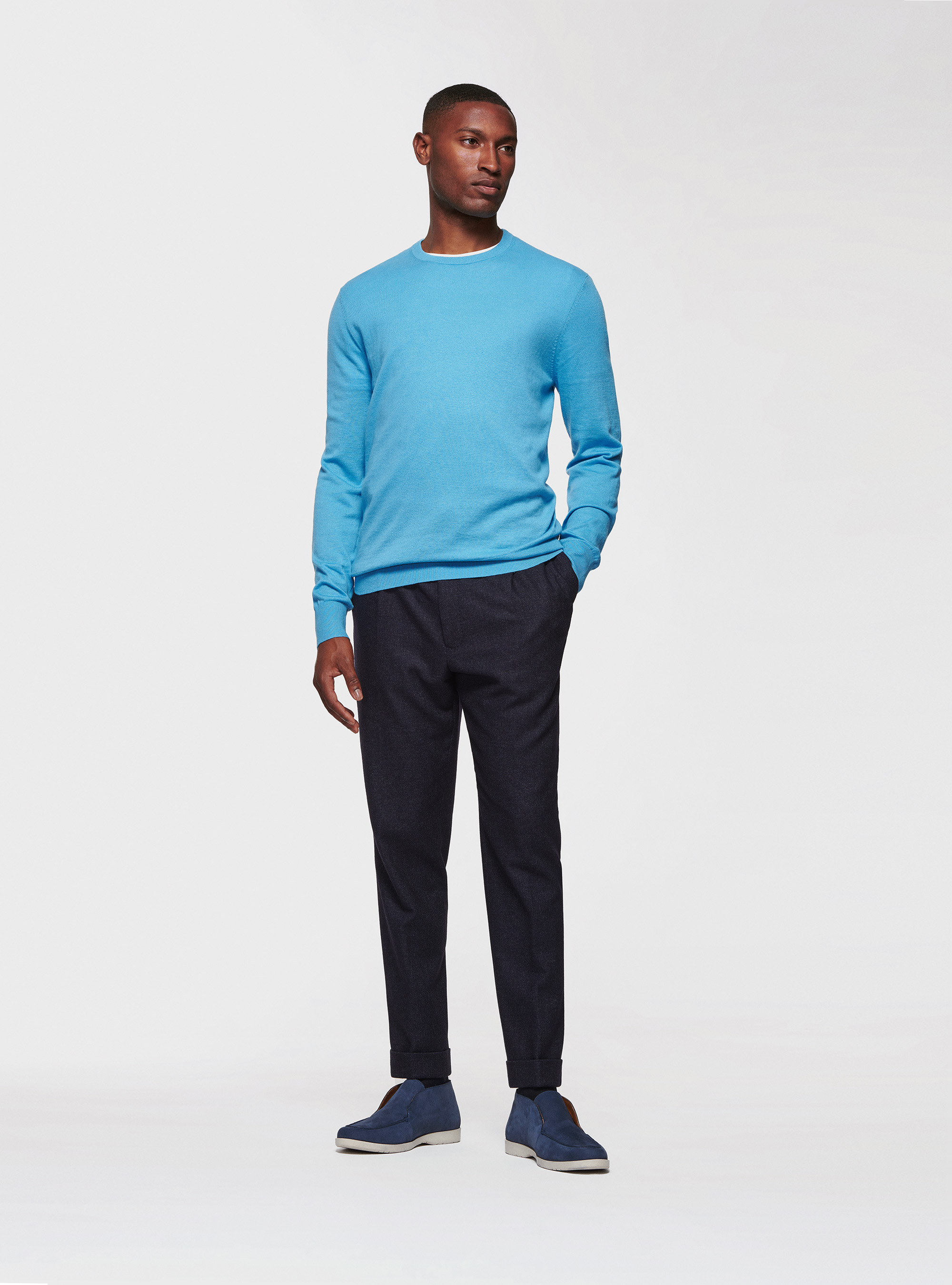 Maglia girocollo in cotone seta e cashmere, AZZURRO