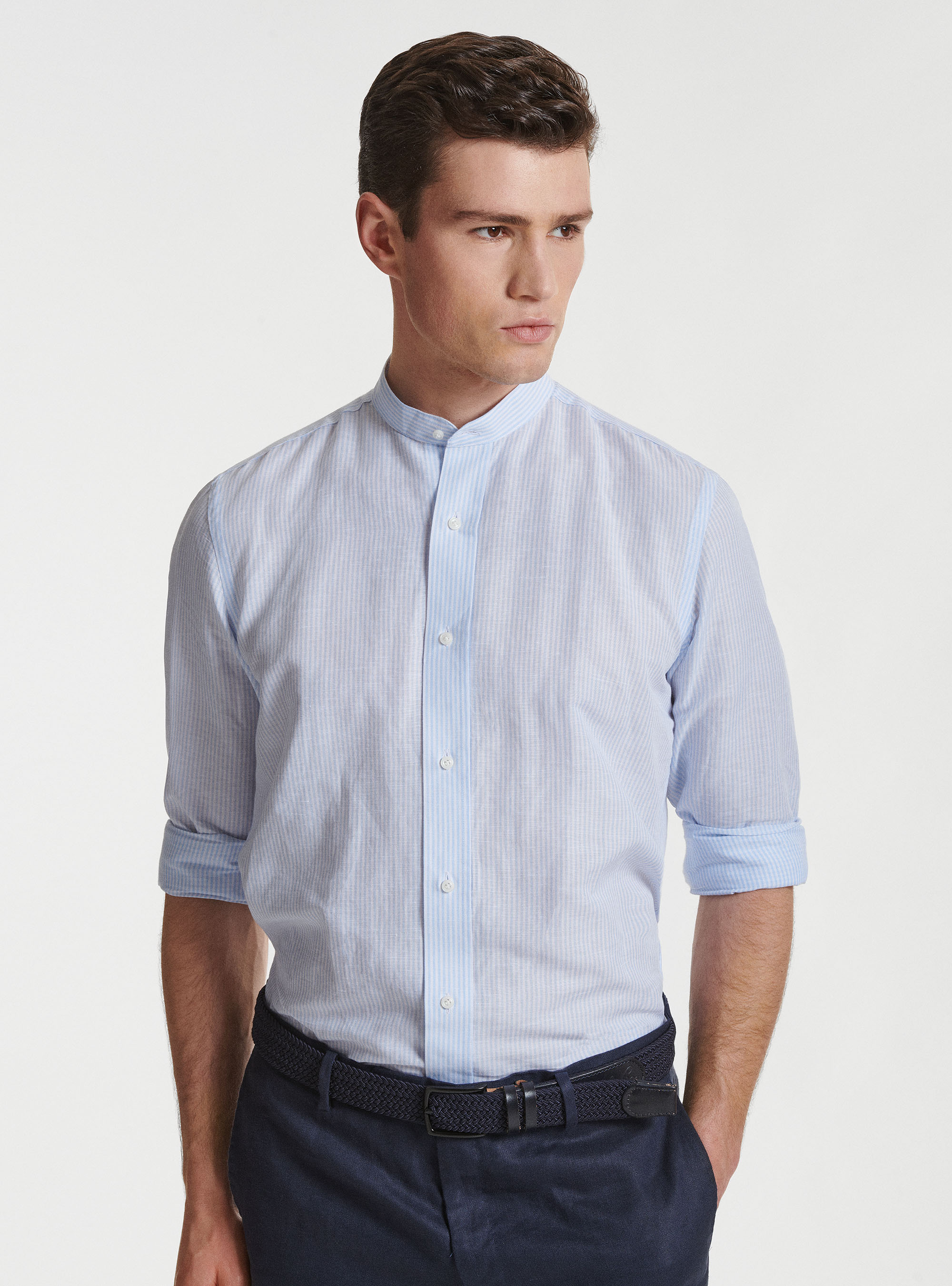 Camisa de cuello coreano en lino y algodón, CELESTE