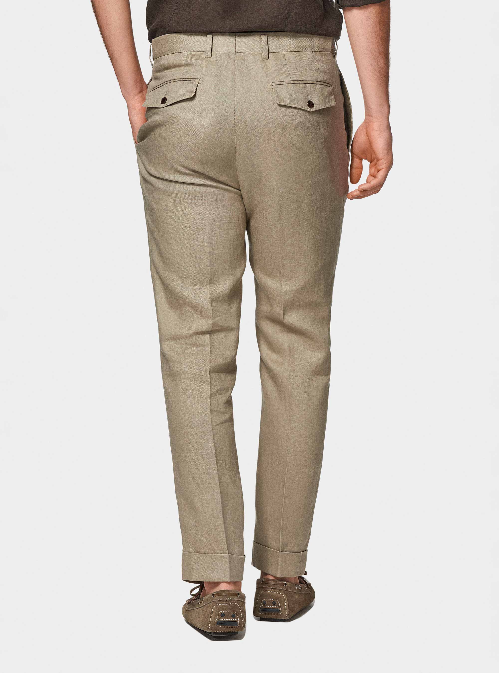 Pantaloni doppia pince in puro lino, FANGO