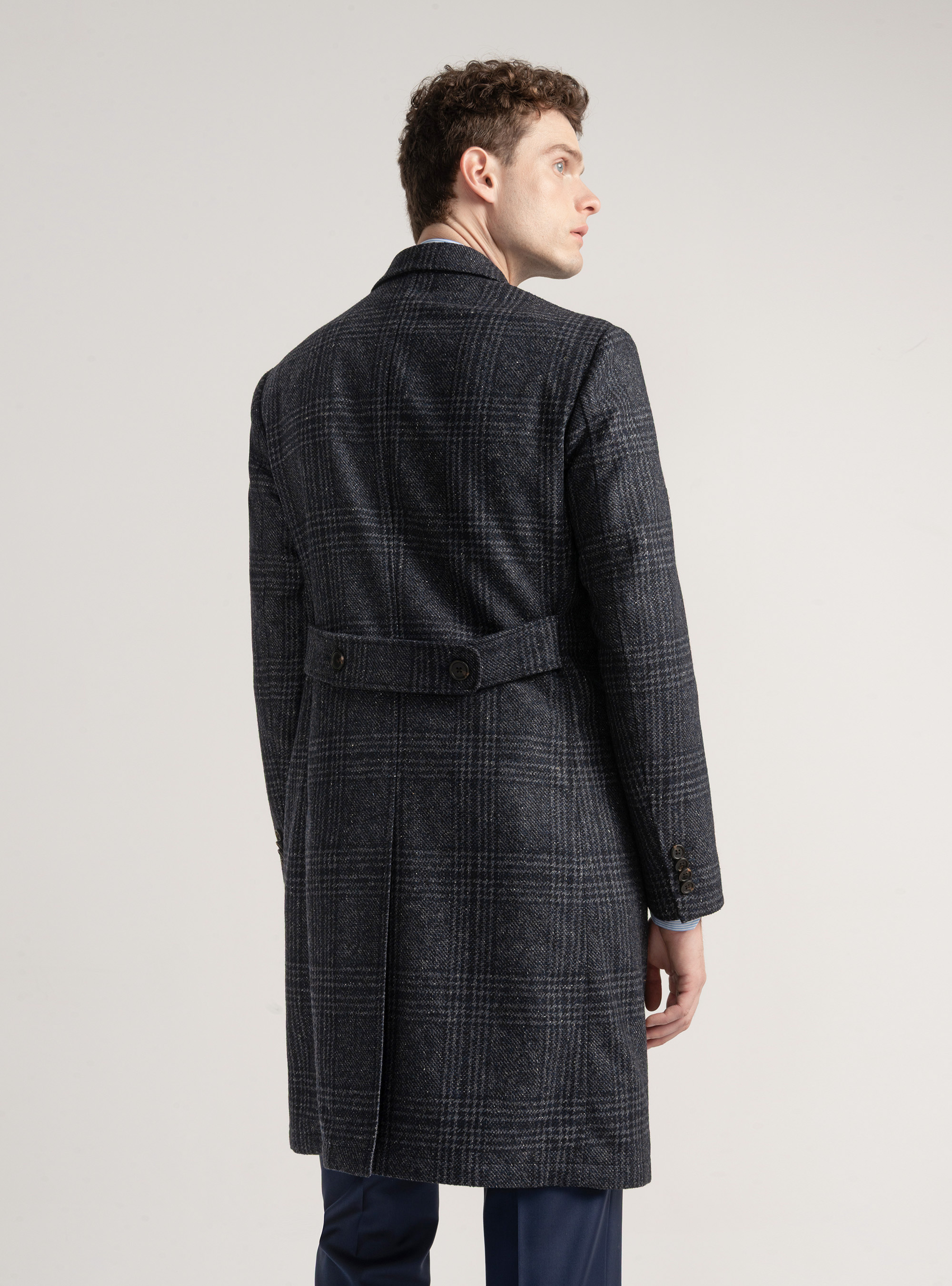 Cappotto doppiopetto fantasia in misto cashmere, BLU NAVY