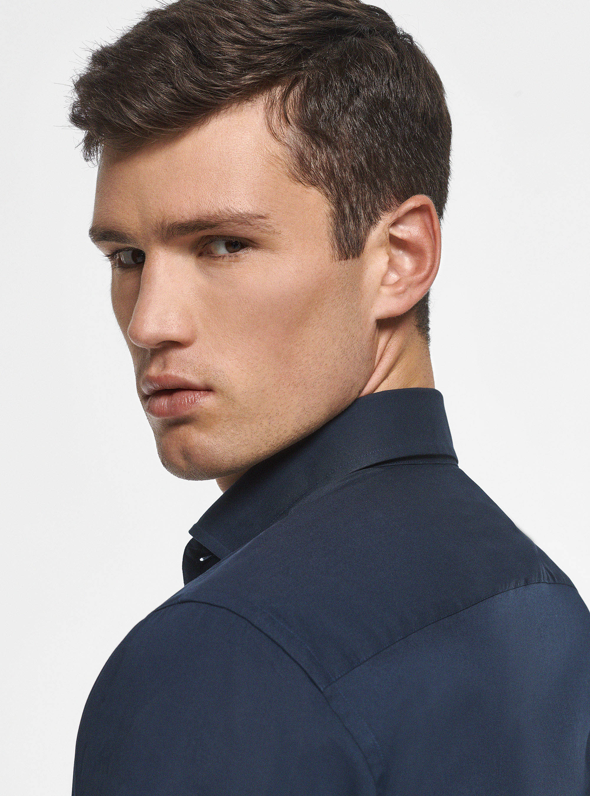 Camicia in popeline stretch, BLU NAVY