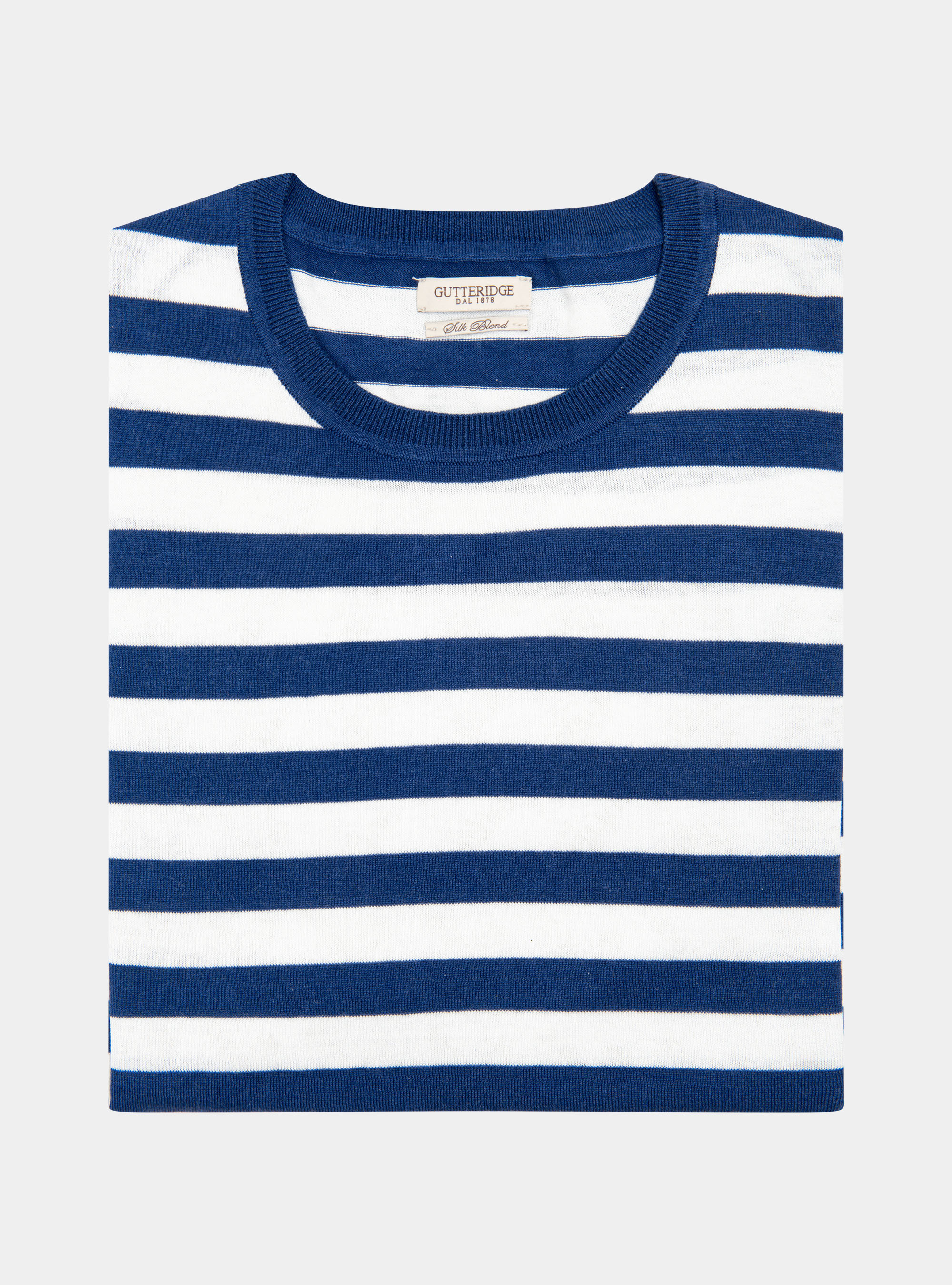 Jersey de seda y algod&oacute;n a rayas con cuello redondo, AZUL MEDIO