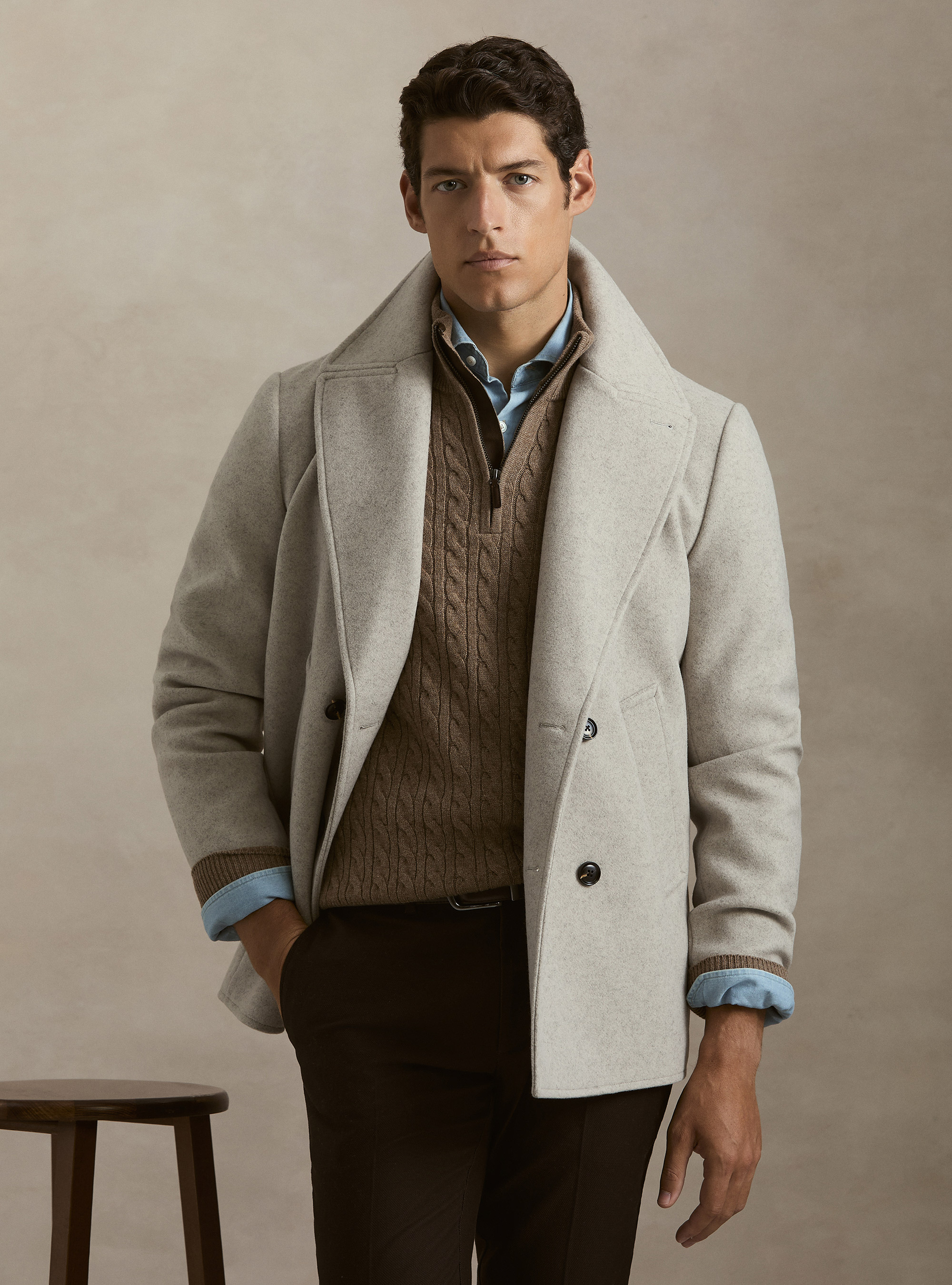 Peacoat doppiopetto tinta unita, ECRU