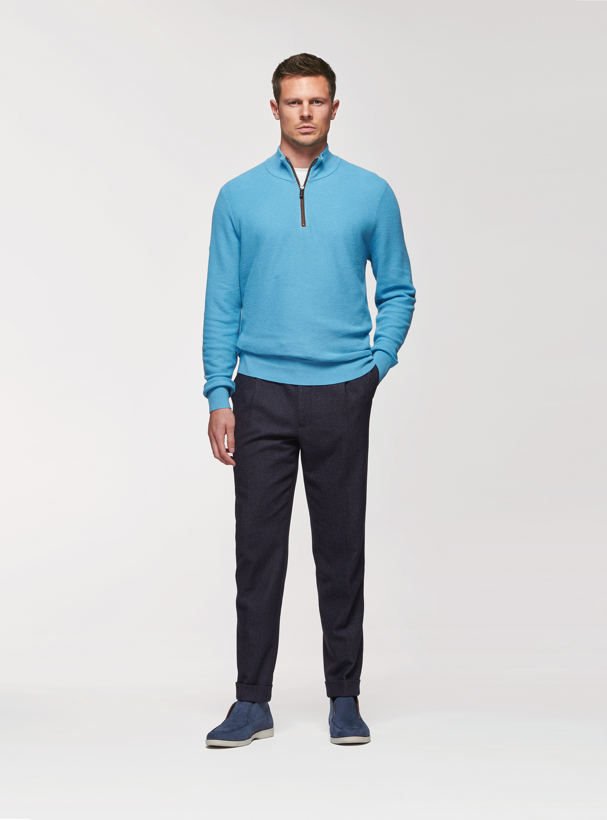 Maglia mezza zip in cotone cashmere, AZZURRO