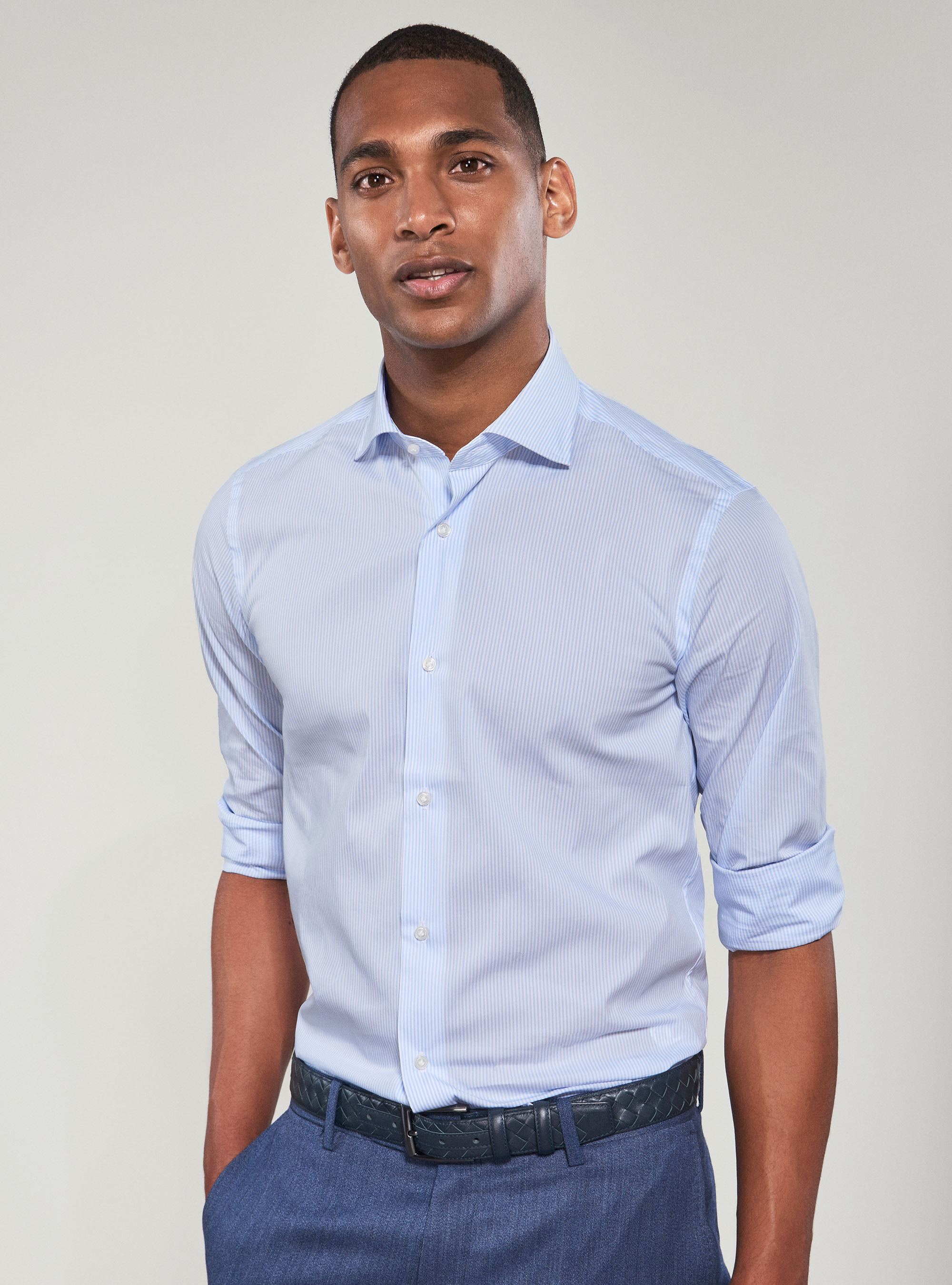 Camicia super slim in cotone stretch rigato, AZZURRO