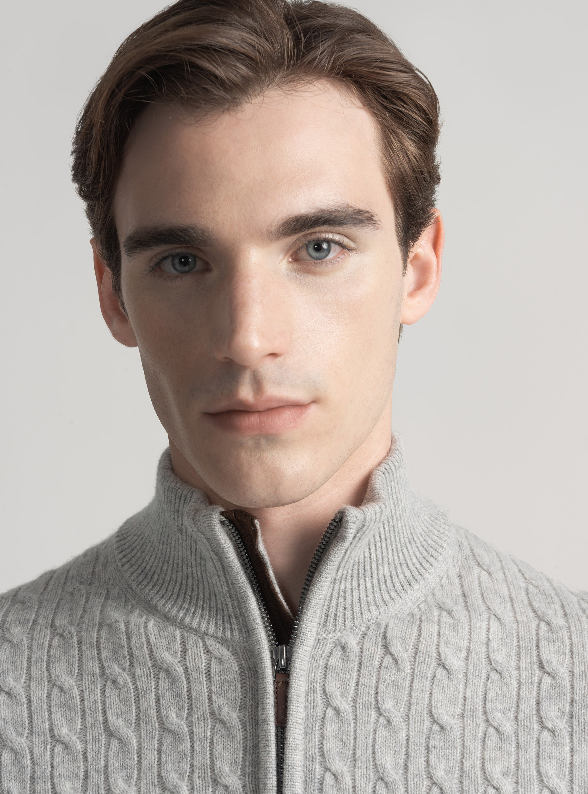 Sweater with mock neck and cashmere wool braid, LIGHT GREY MELANGE