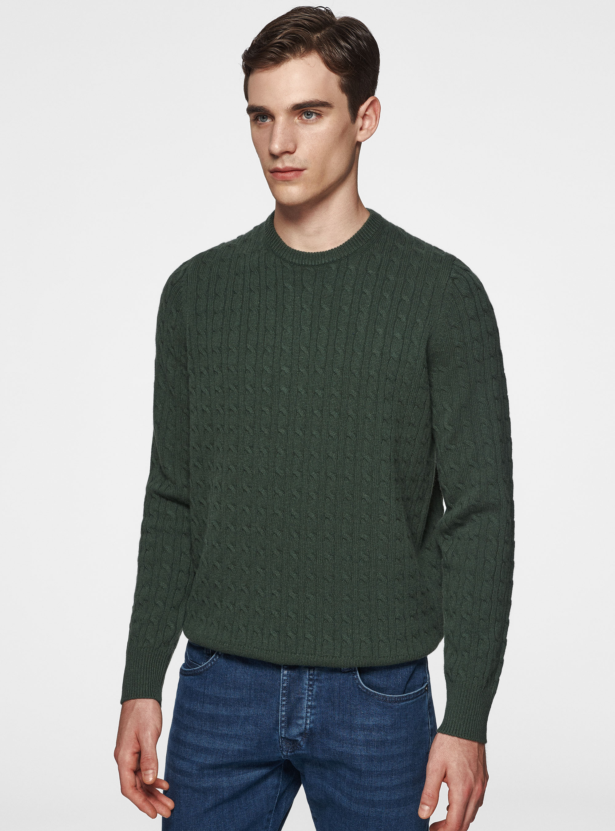 Maglia girocollo con treccia in lana e cashmere, MILITARE 0609C