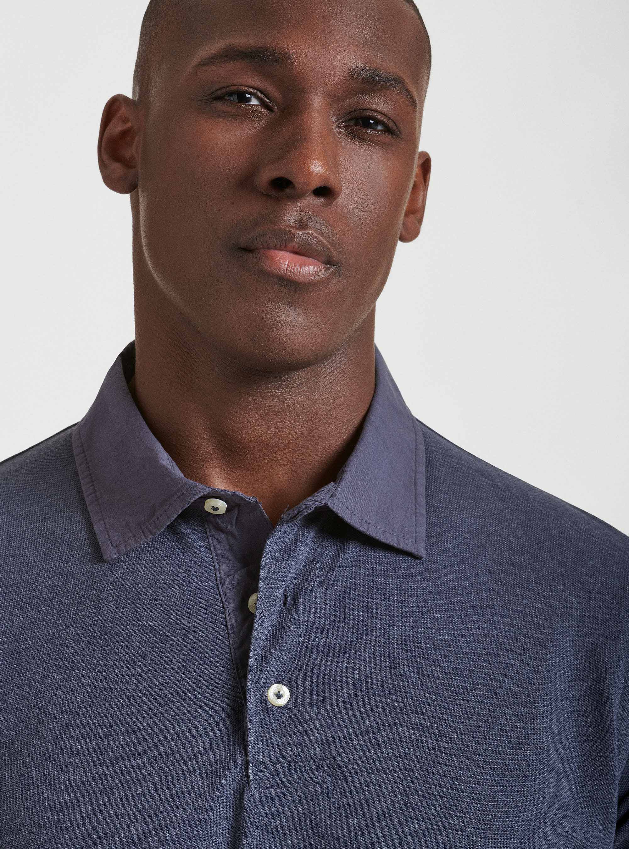 Polo in piquet con collo camicia, INCHIOSTRO