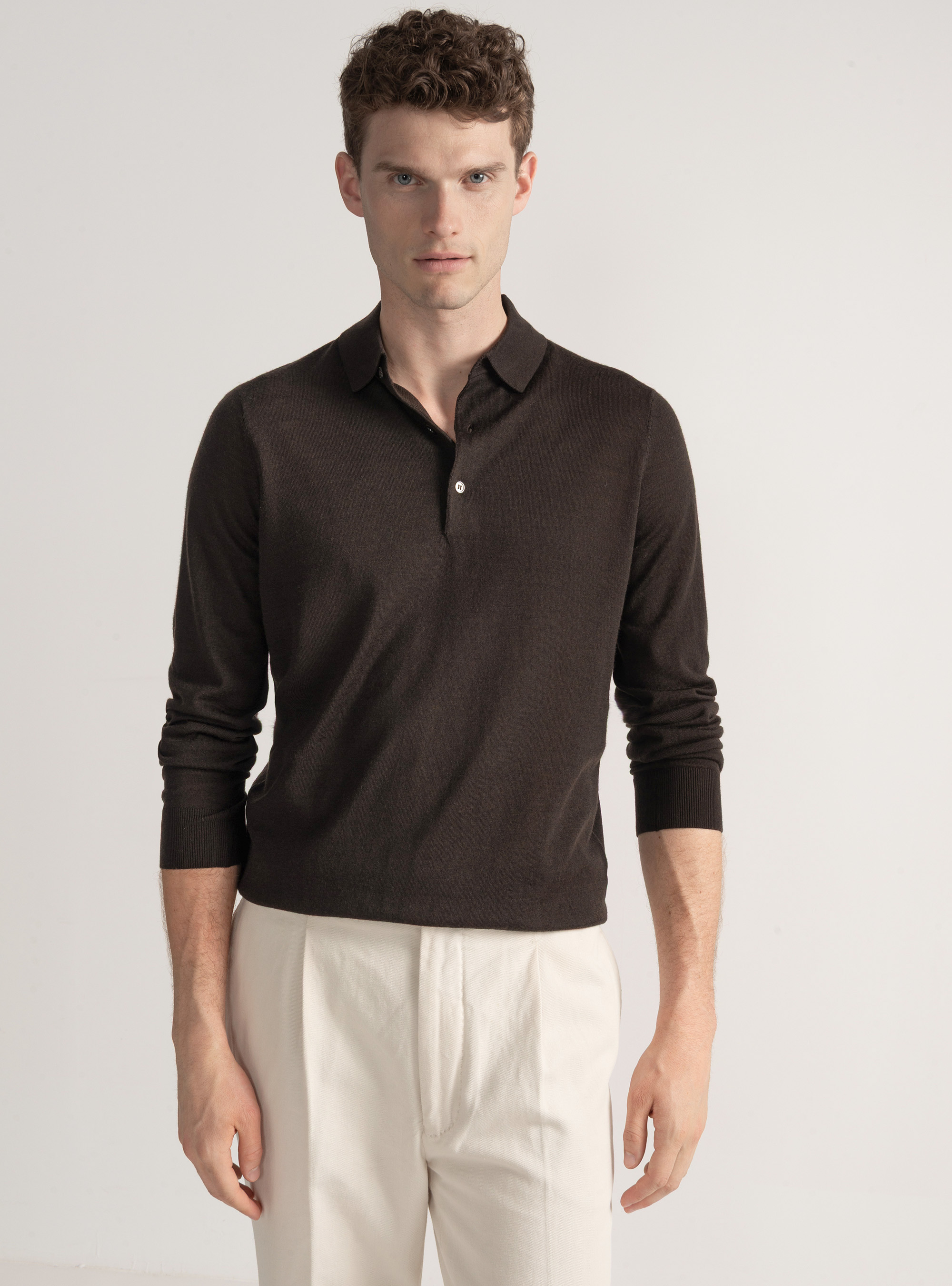 Extra-fine merino wool polo shirt, BROWN