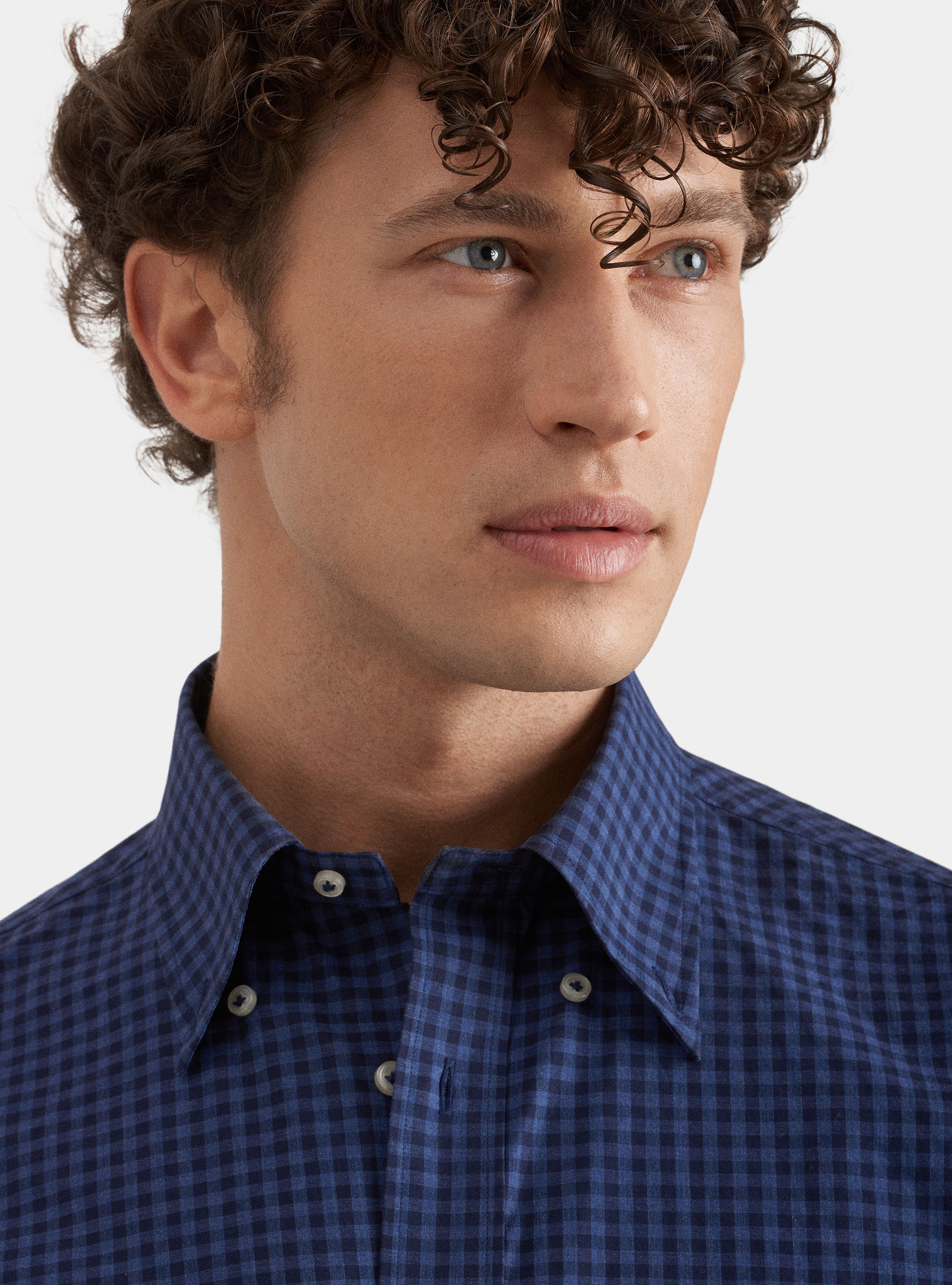 Camicia collo button down in cotone a quadri, BLU NAVY