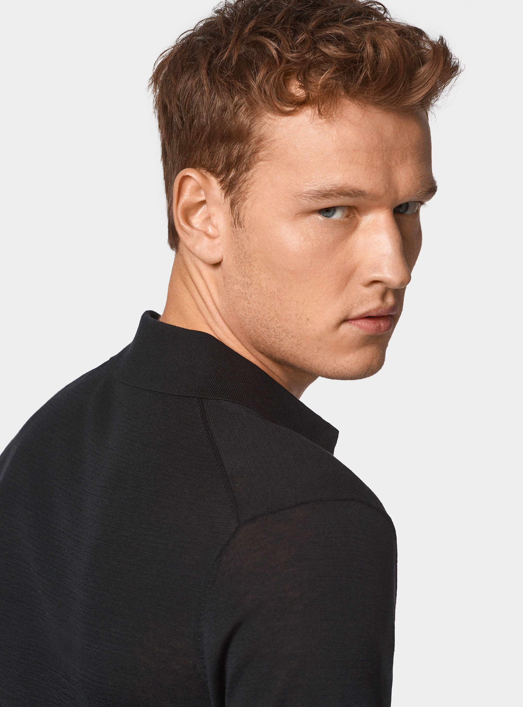 Maglia a polo in cotone e seta, NERO