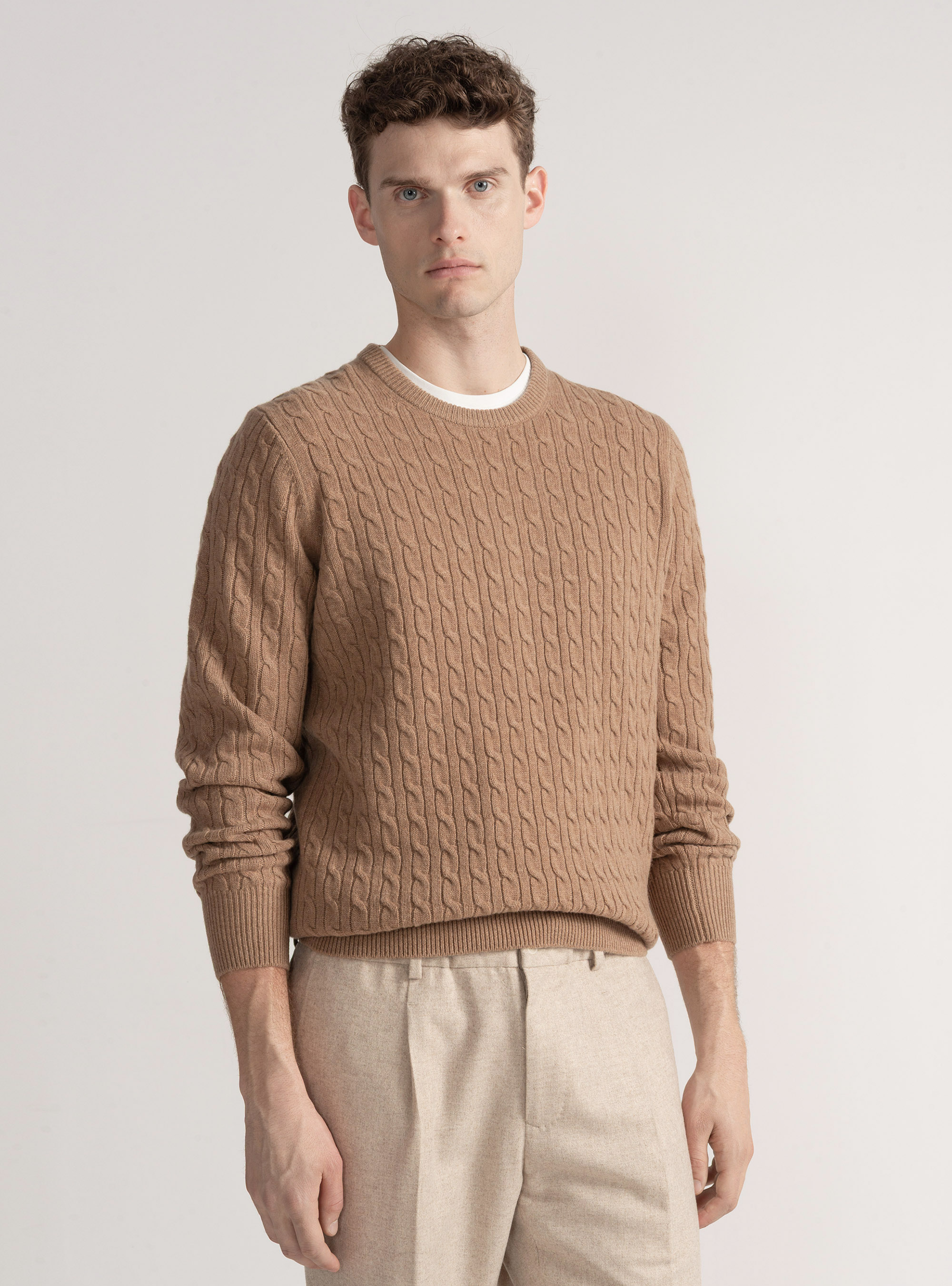Crew-neck sweater with wool and cashmere braid, CAMMELLO 0570C