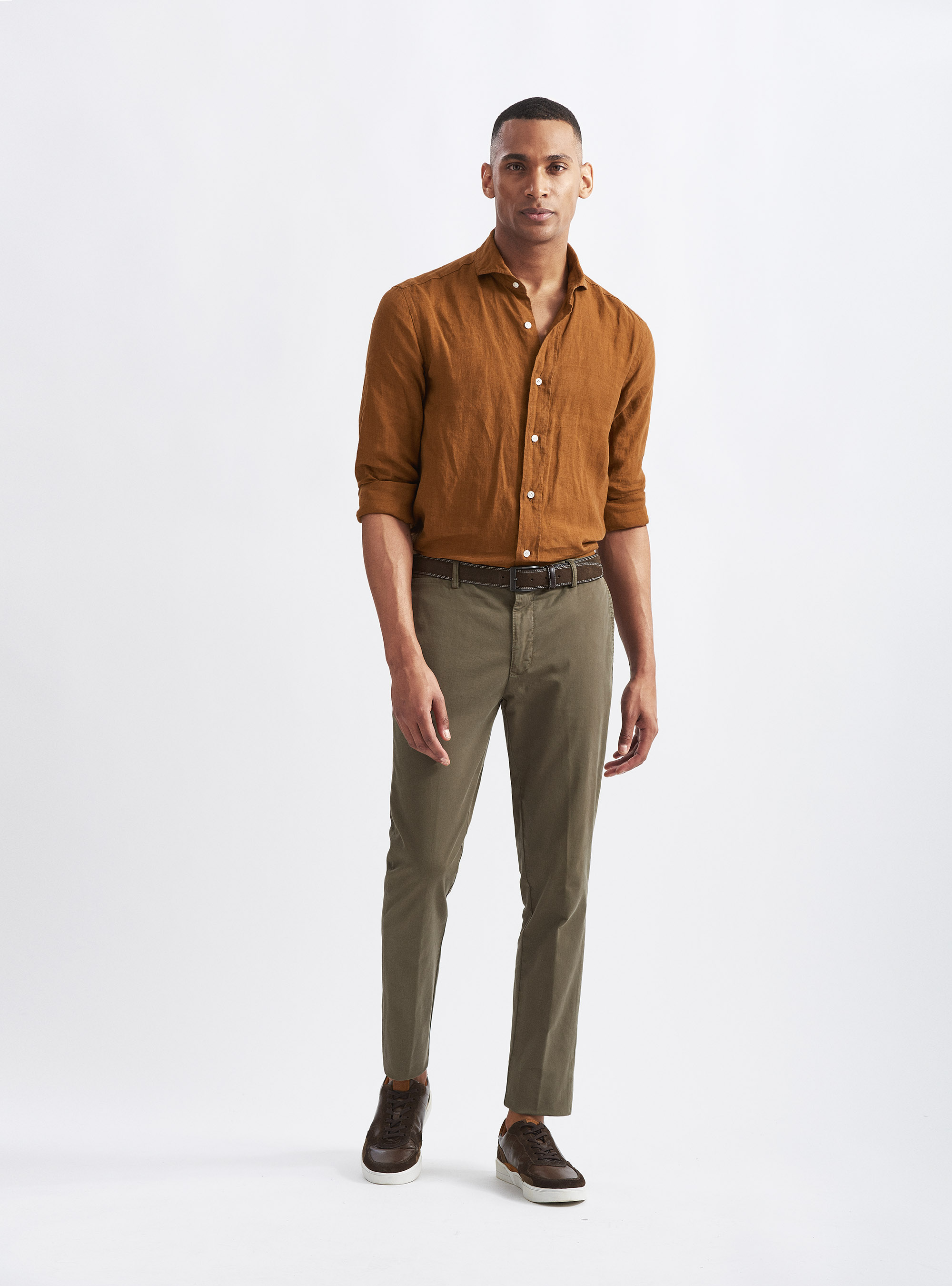 Camicia collo francese in lino, TABACCO