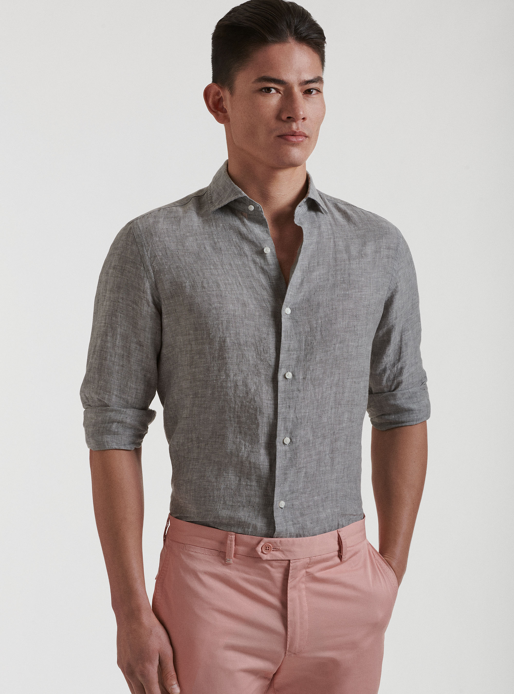 Hemd mit franz&ouml;sischem Kragen aus reinem Leinen, GRIGIO CHIARO MEL 0150C