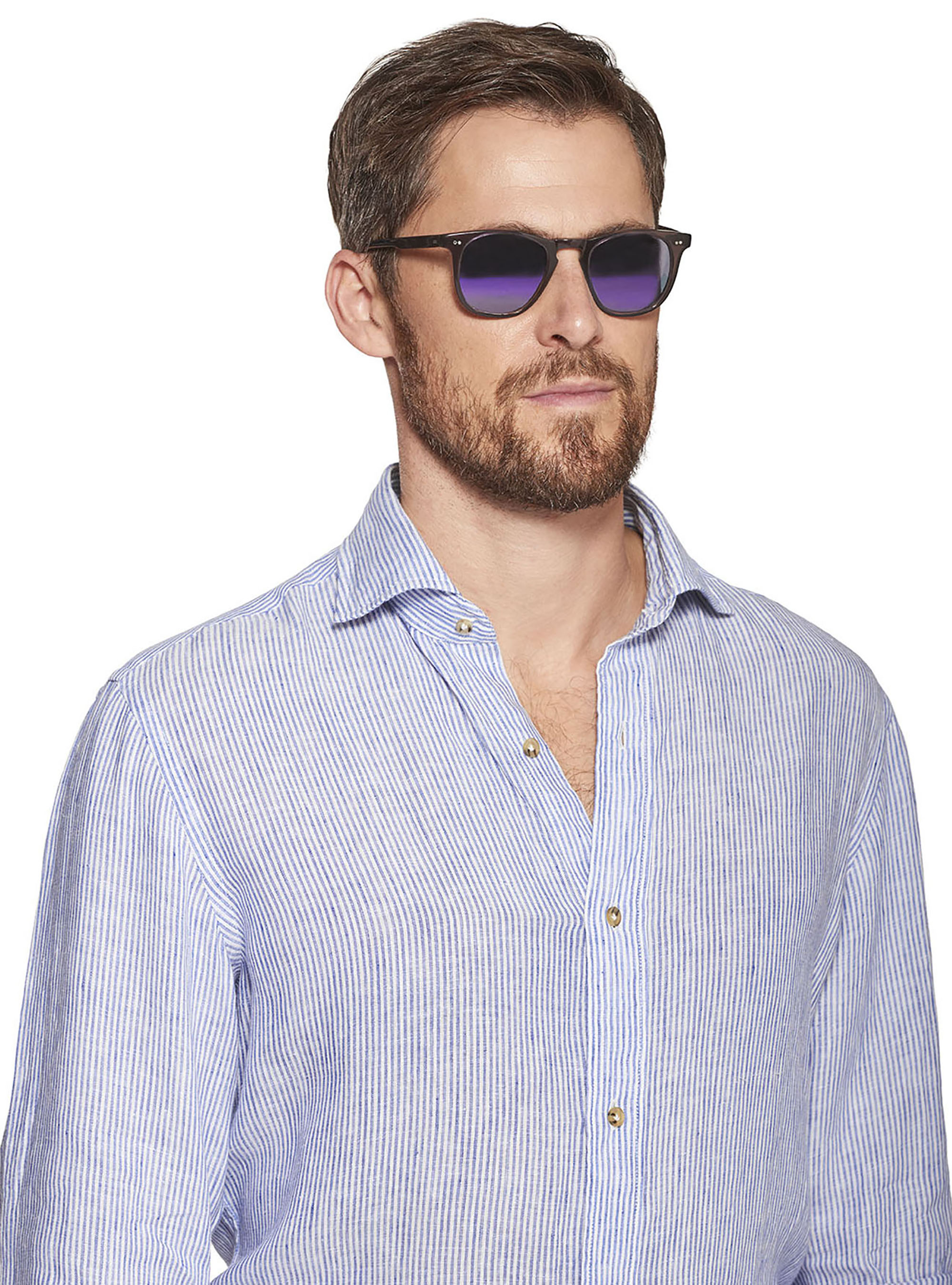 Striped linen semi-open collar french cuff shirt, BLUE