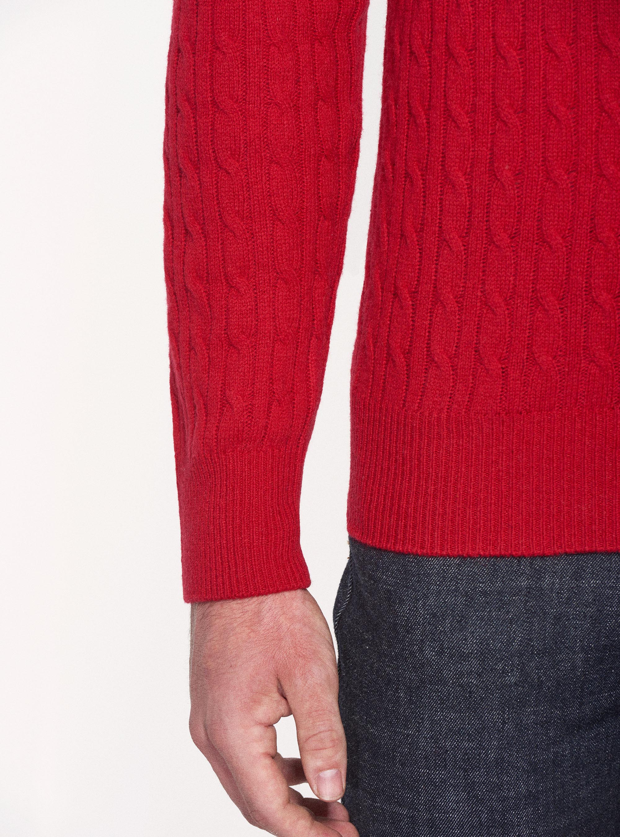 Maglia treccia girocollo in lana lambswool e cashmere, ROSSO