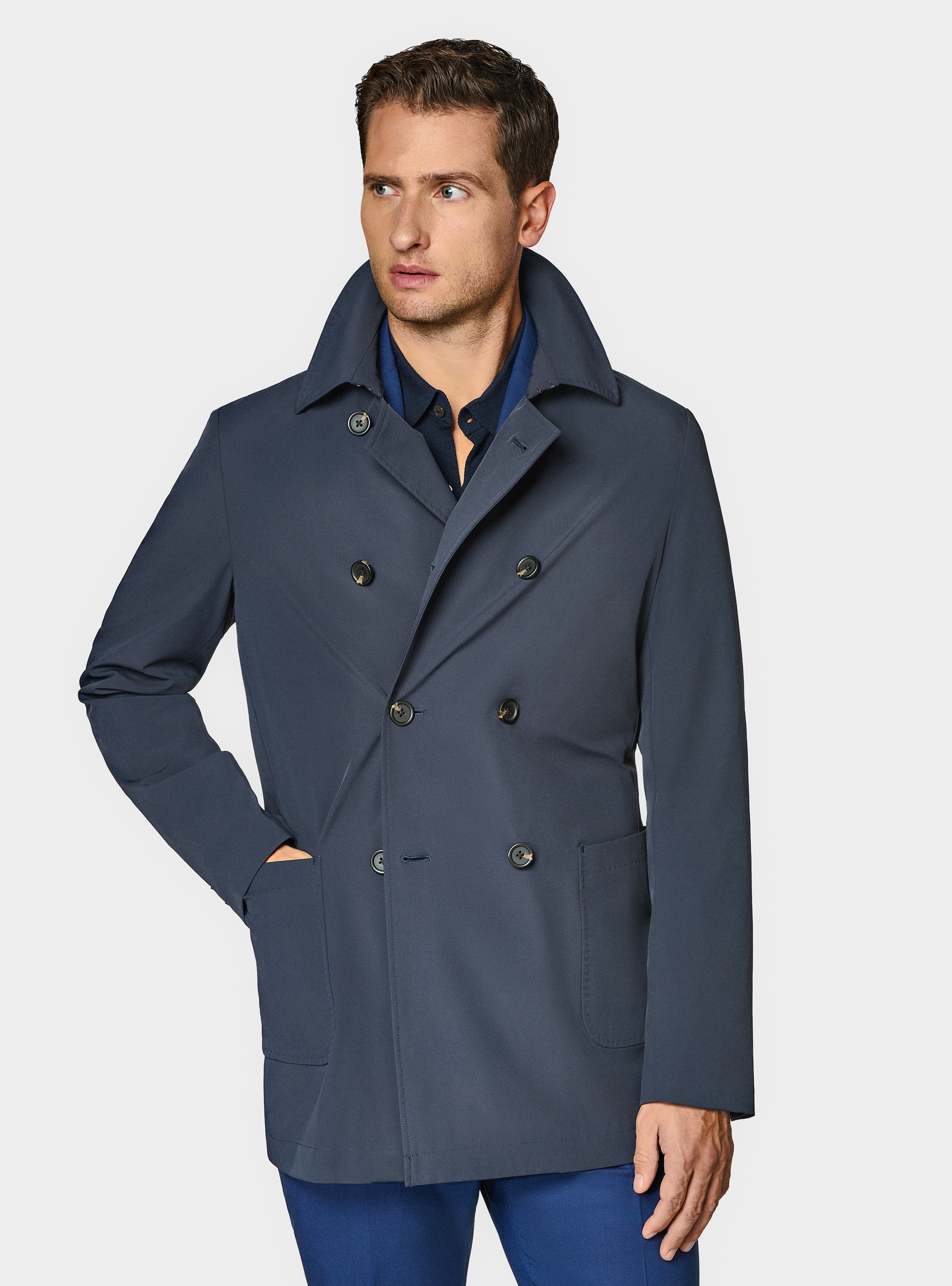 Short double-breasted raincoat in technical fabric, NAVY BLUE