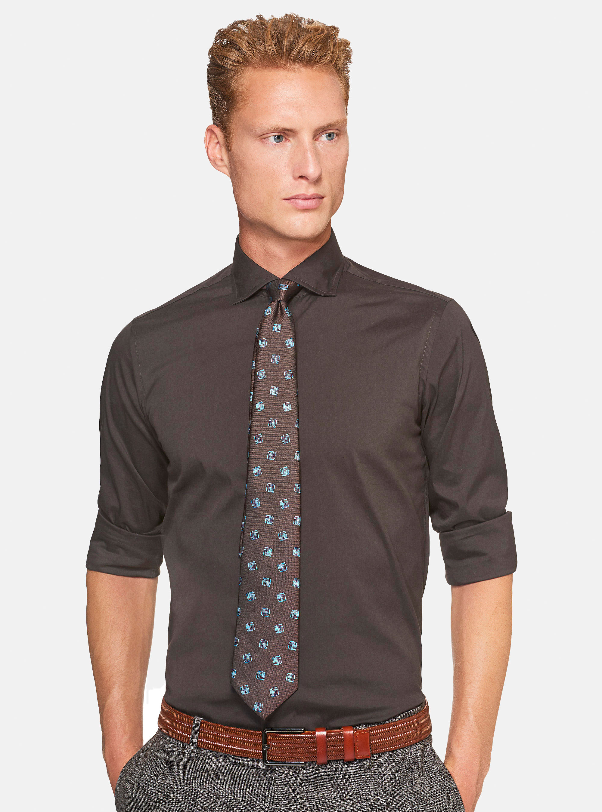 Camicia in cotone popeline stretch con collo francese semiaperto, MARRONE