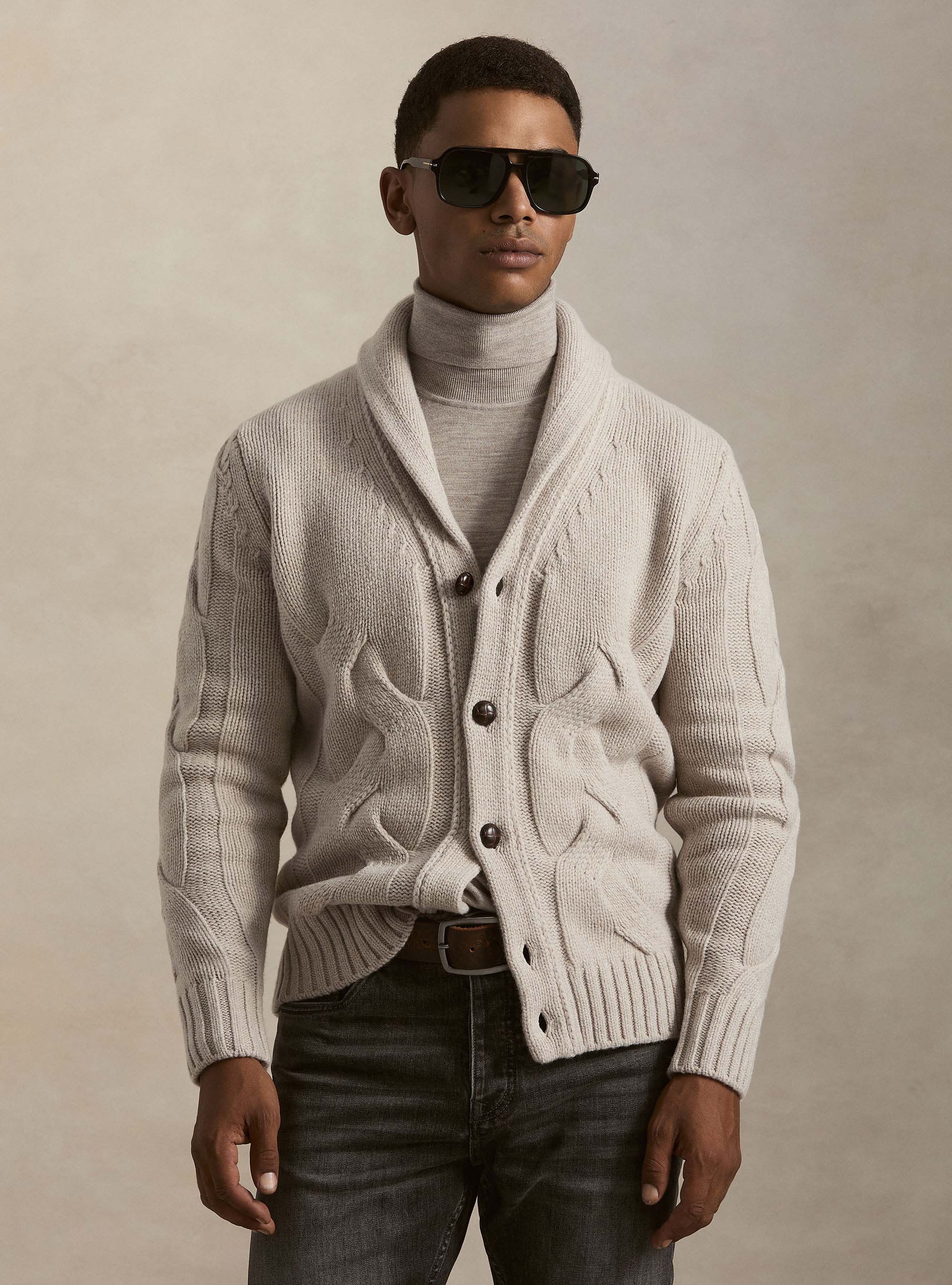 Cable-knit shawl collar lambswool-cashmere cardigan, ECRU