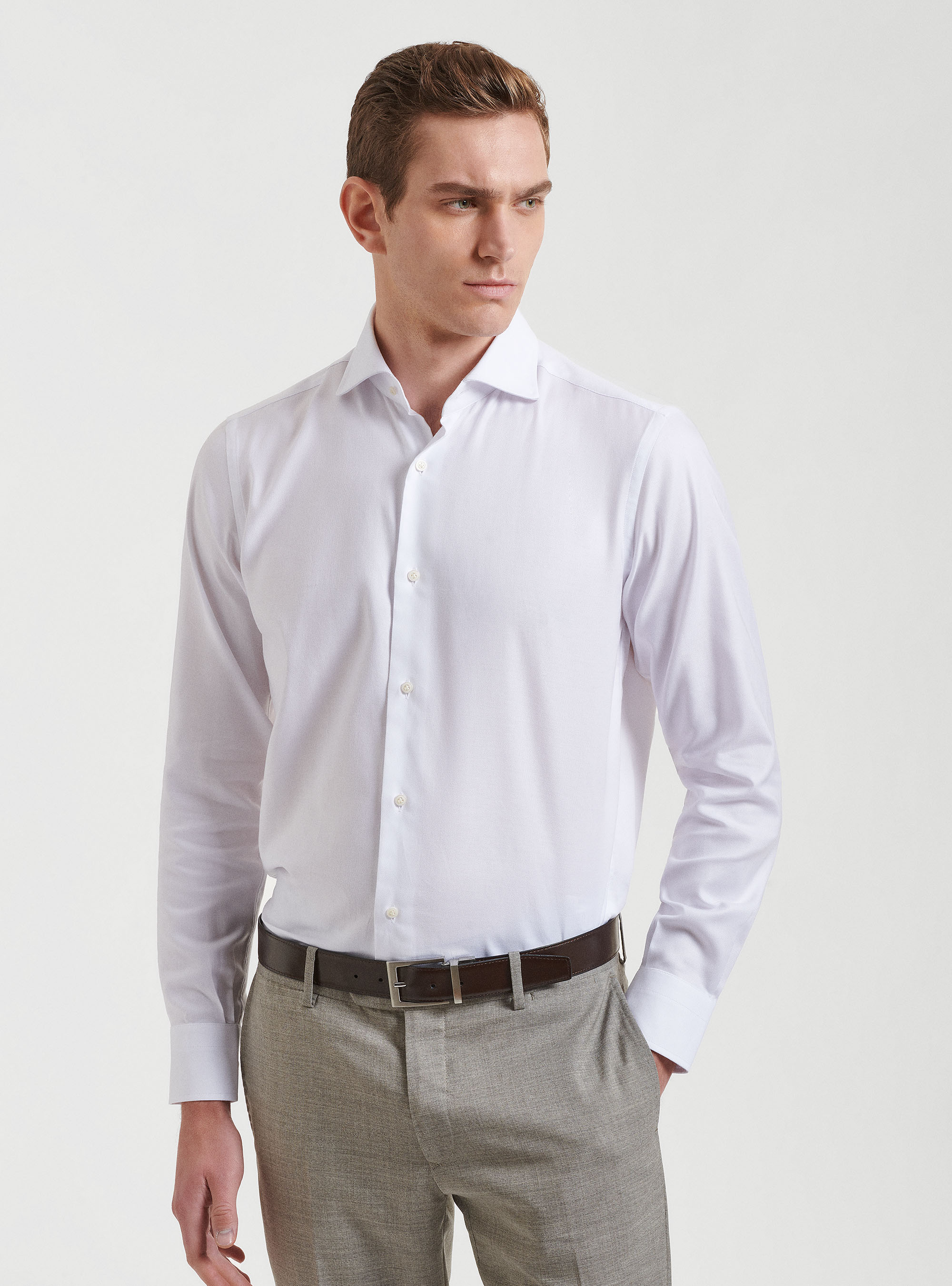 Camicia collo semi francese in oxford di cotone, BIANCO